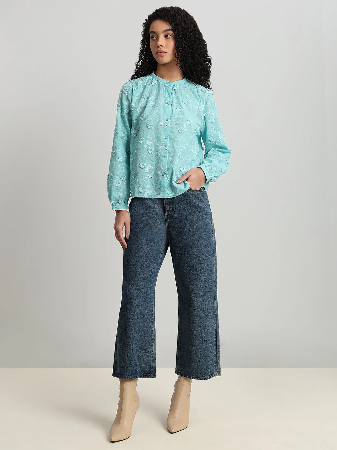 Aqua Floral Textured Cotton Top - Image 5