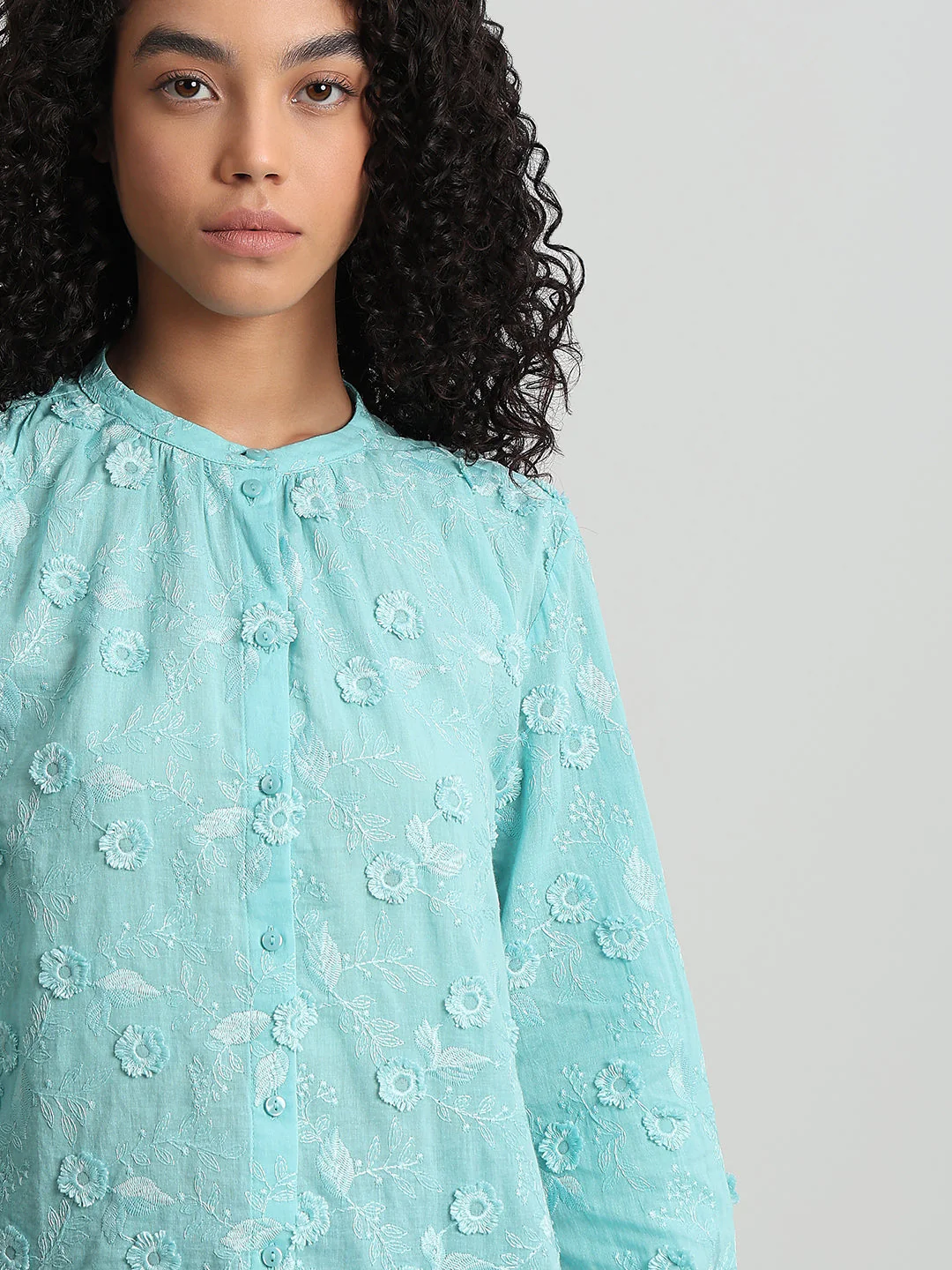 Aqua Floral Textured Cotton Top - Image 6