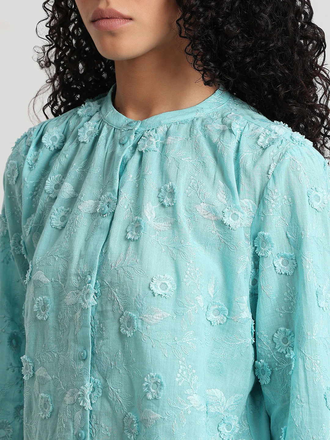 Aqua Floral Textured Cotton Top - Image 8