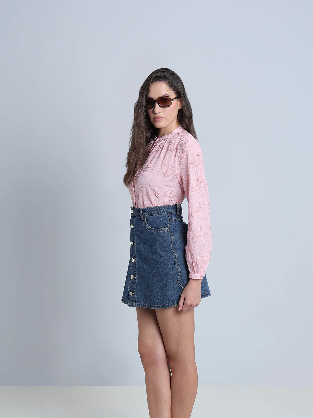 Pink Floral Textured Cotton Top