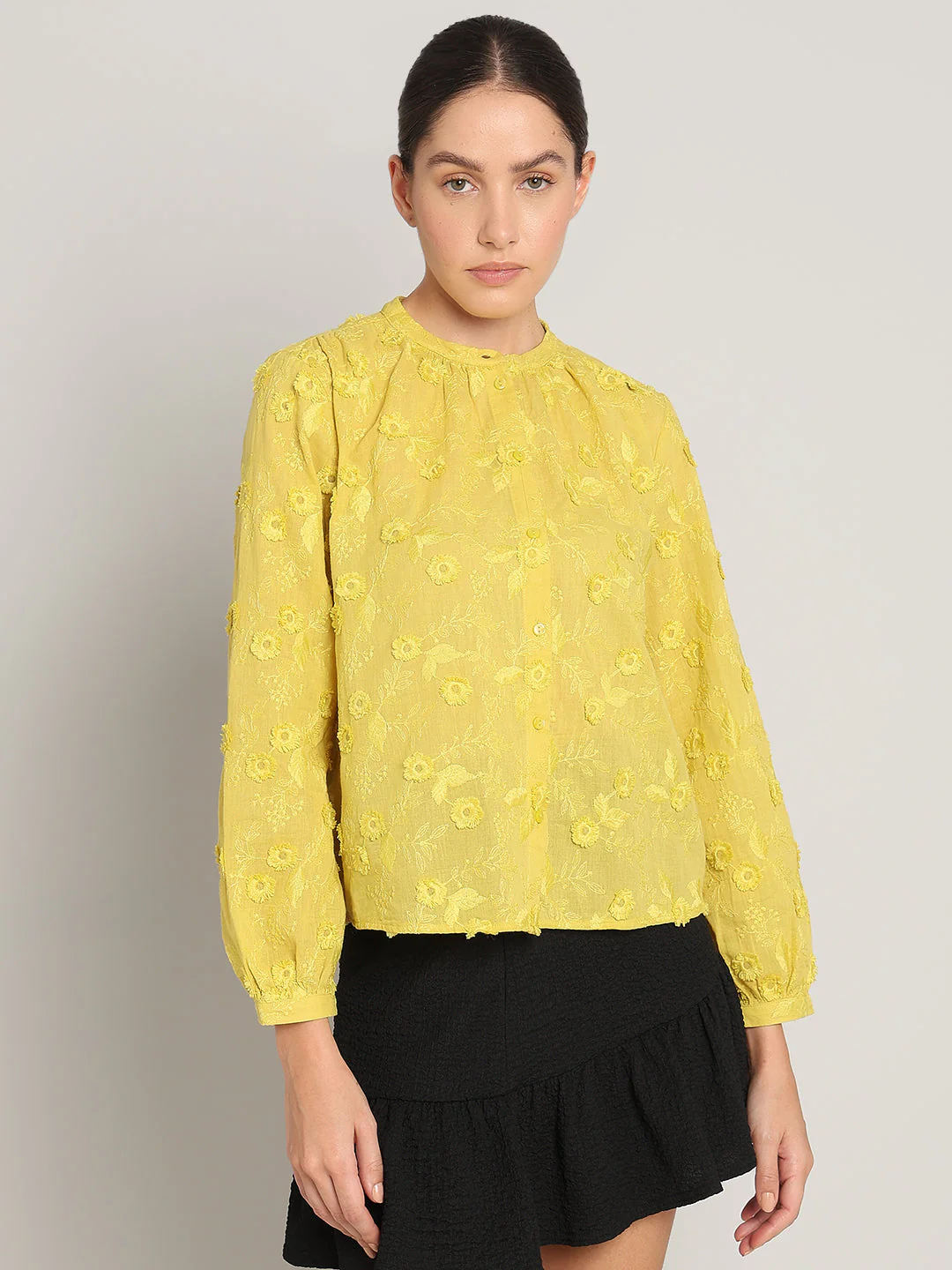Yellow Floral Textured Cotton Top - Image 2