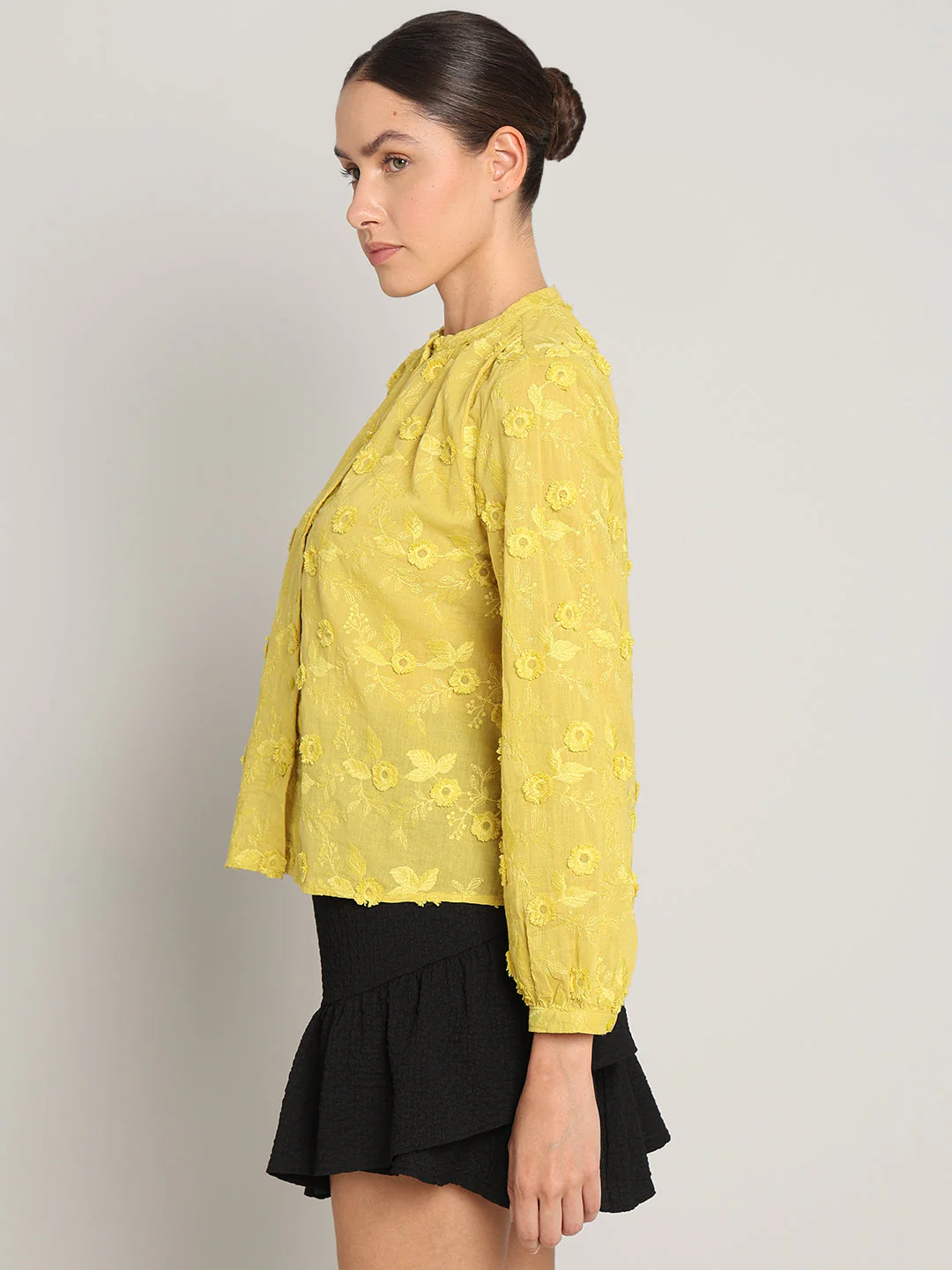 Yellow Floral Textured Cotton Top - Image 3