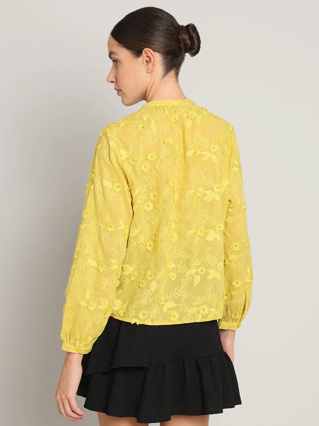 Yellow Floral Textured Cotton Top - Image 4