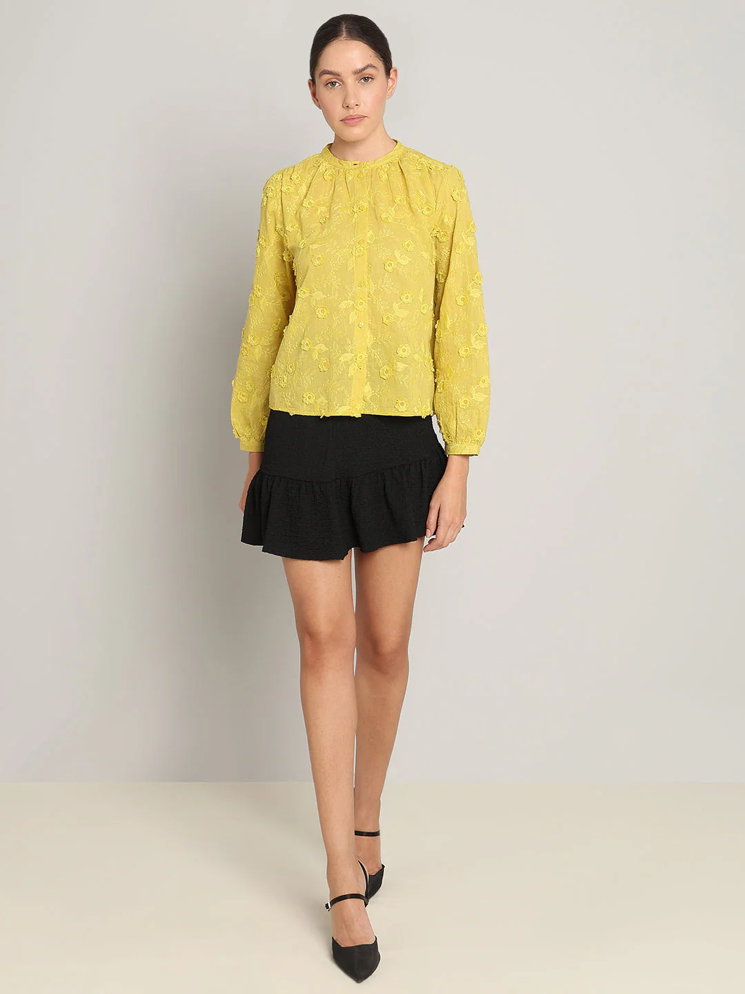Yellow Floral Textured Cotton Top - Image 5