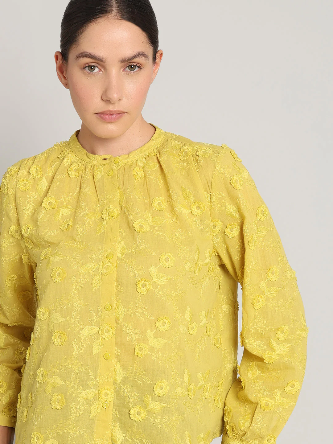 Yellow Floral Textured Cotton Top - Image 6