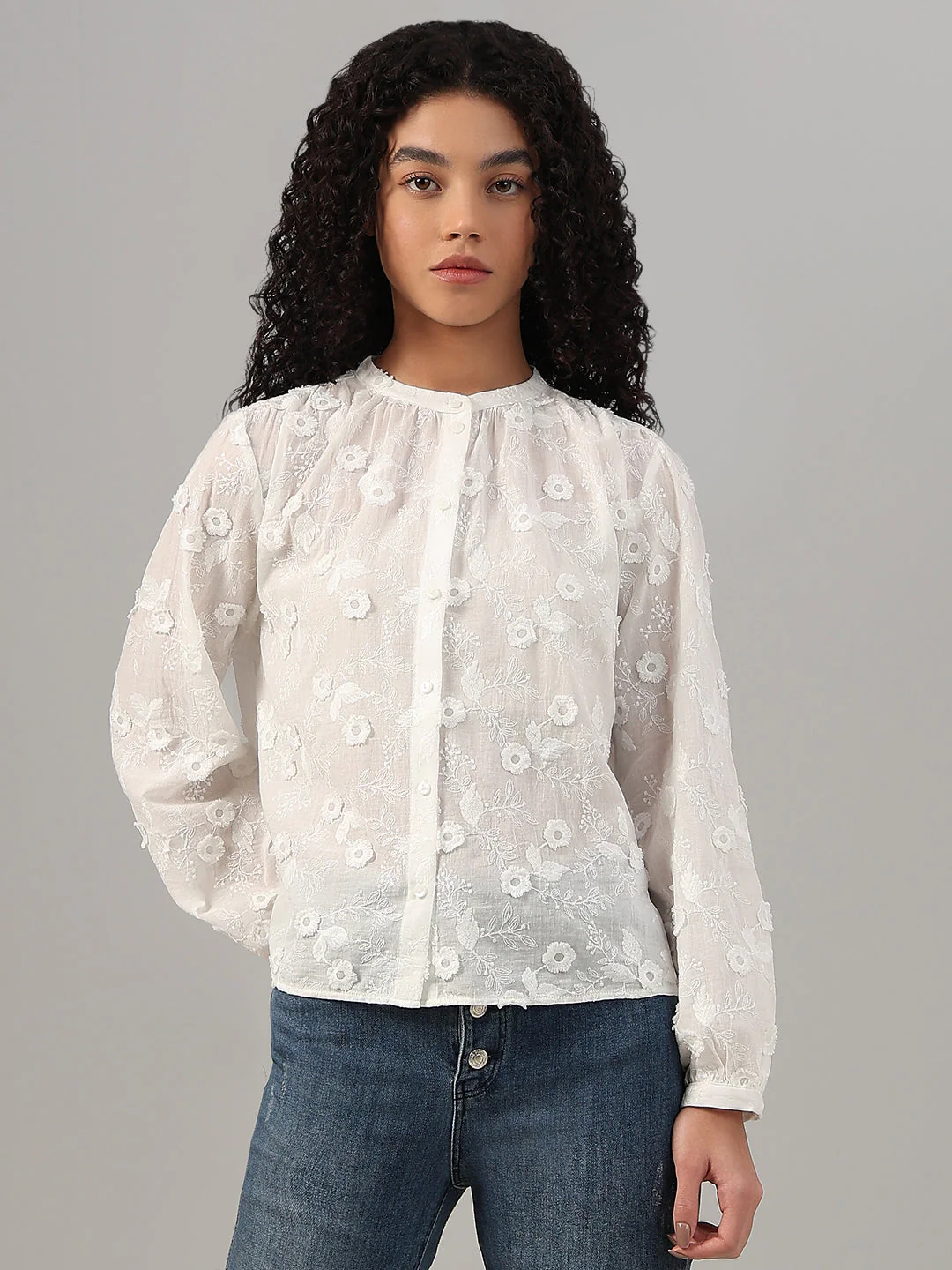 White Floral Textured Cotton Top - Image 2