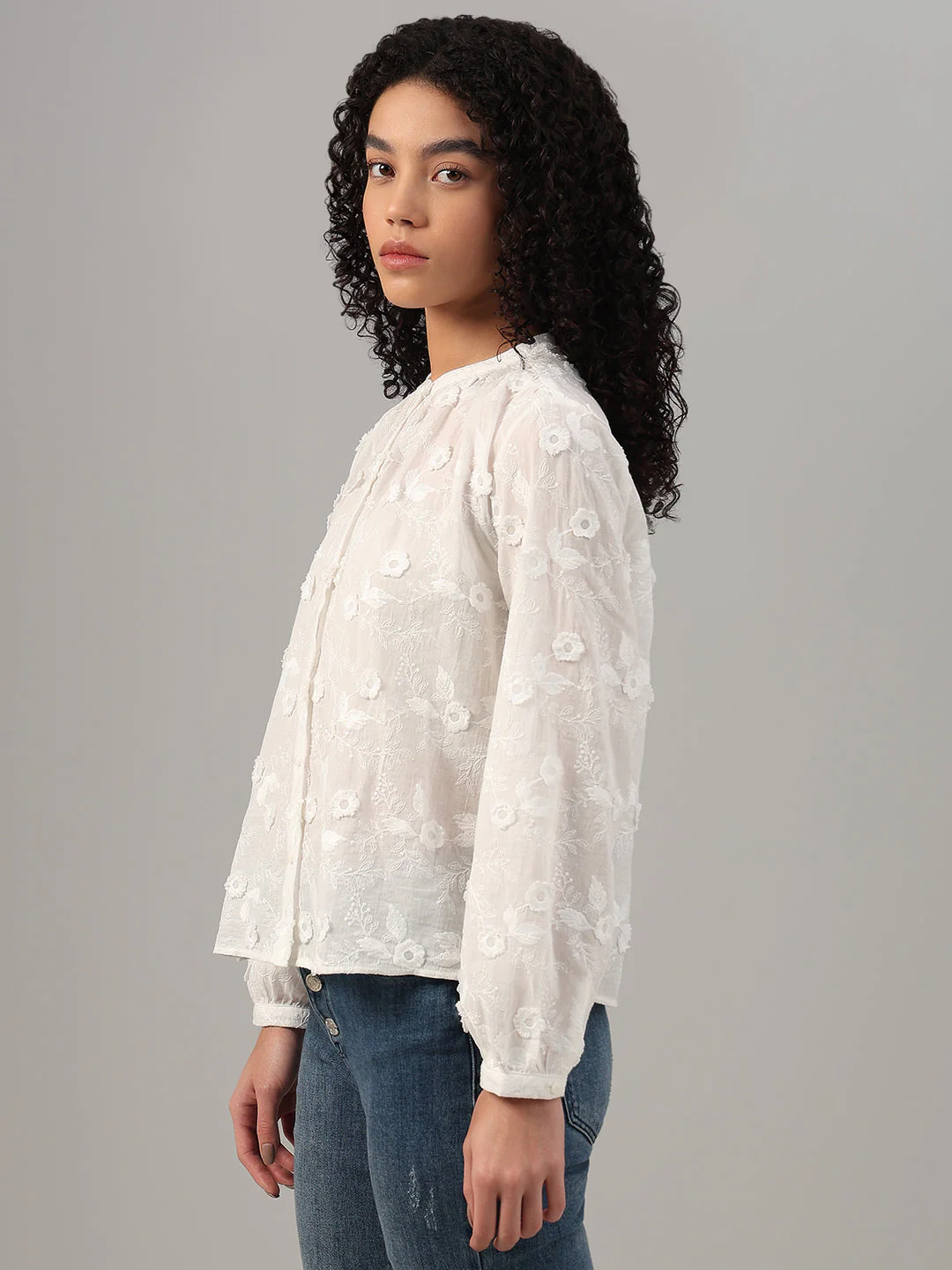 White Floral Textured Cotton Top - Image 3