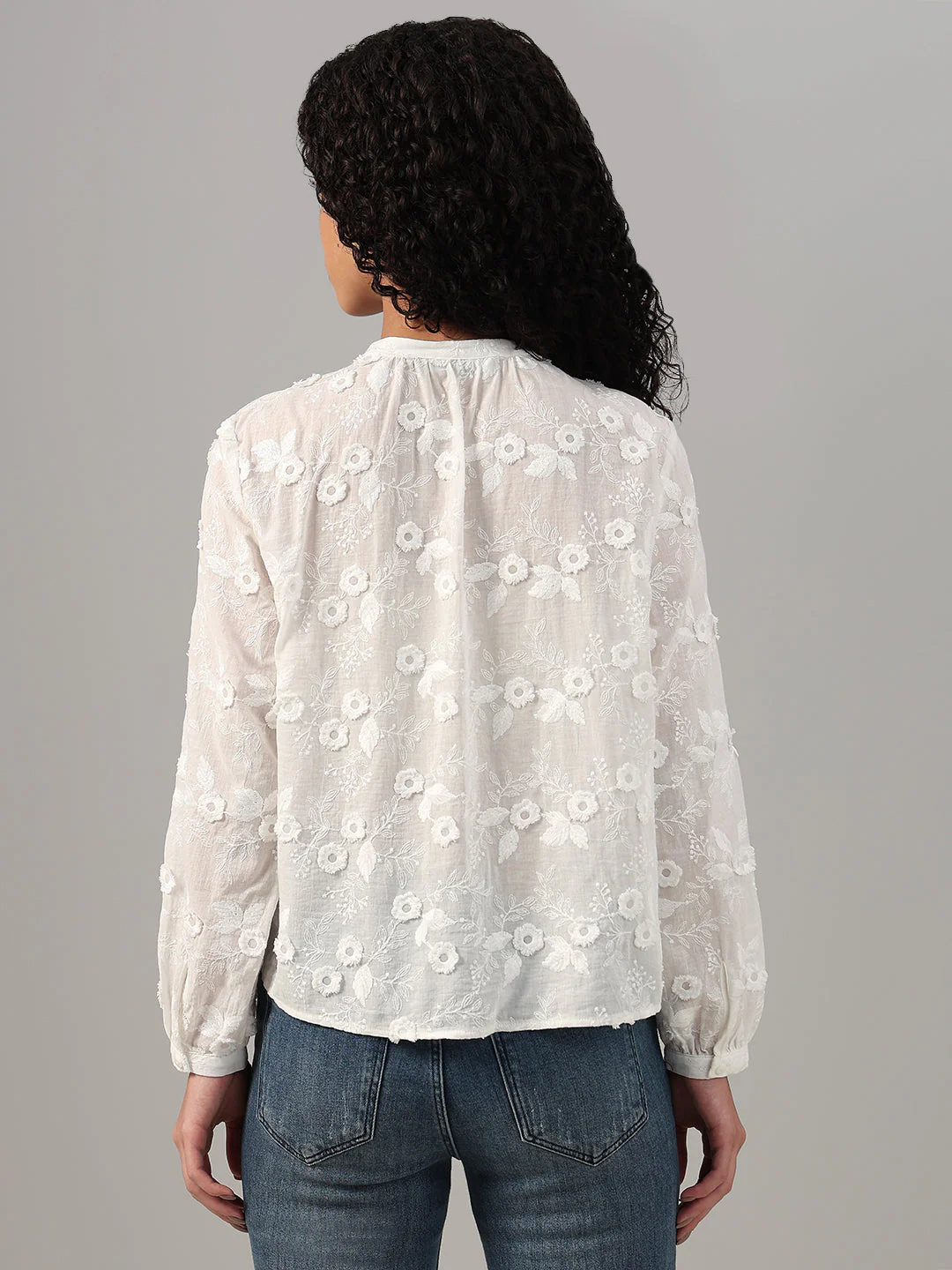 White Floral Textured Cotton Top - Image 4