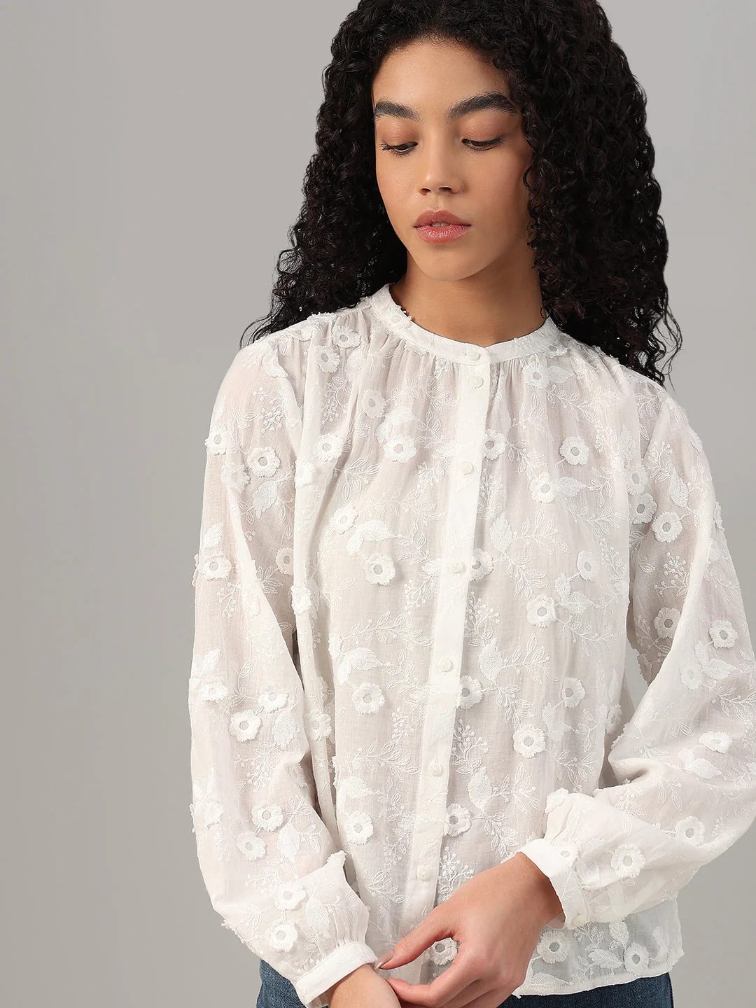 White Floral Textured Cotton Top - Image 6