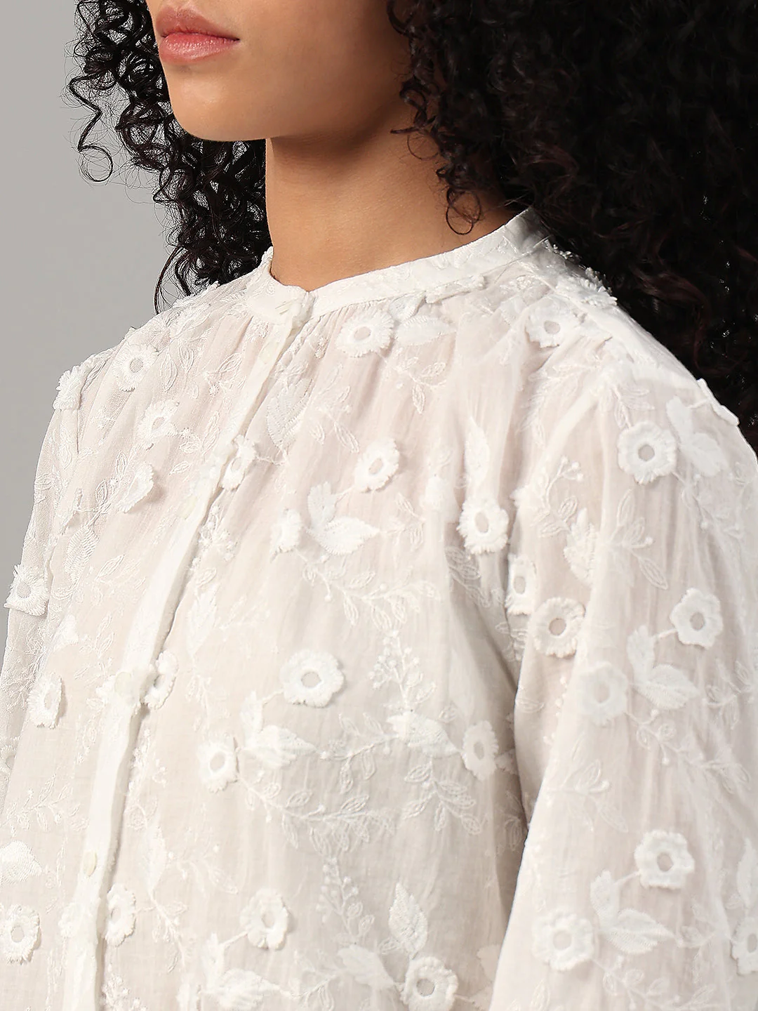 White Floral Textured Cotton Top - Image 8