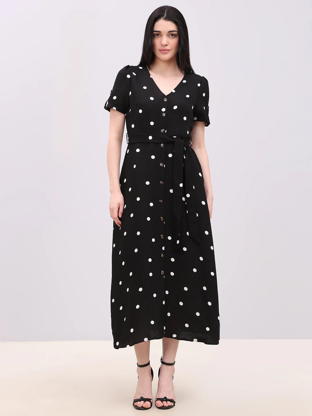 Black Polka Dot V-Neck Dress - Image 2