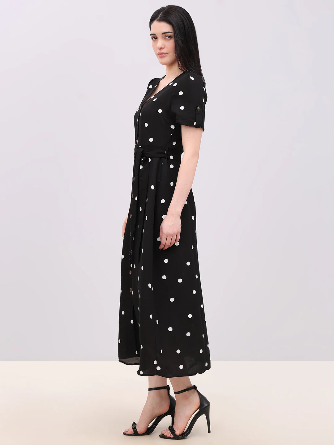 Black Polka Dot V-Neck Dress - Image 3