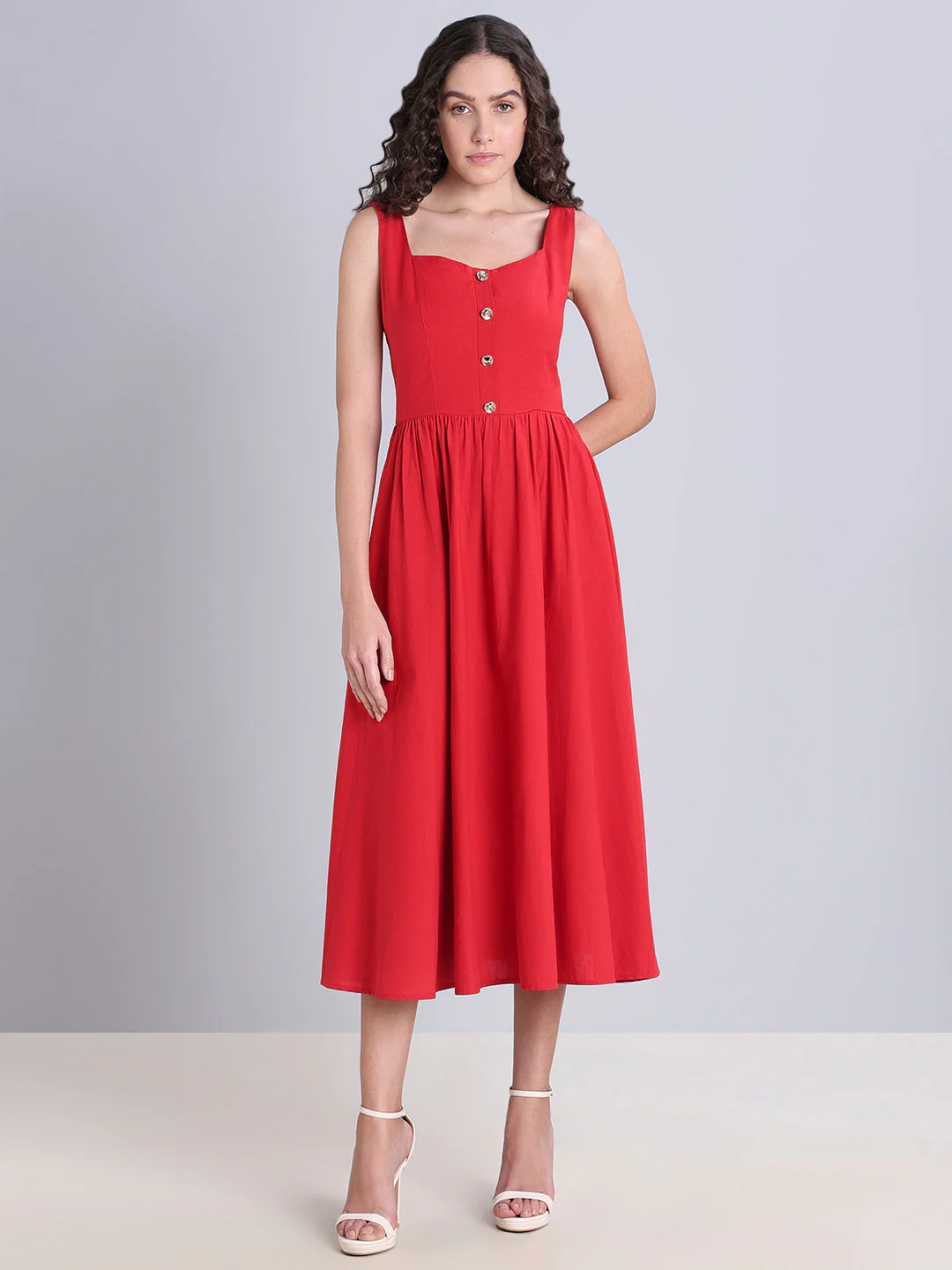 Red Button-Detail Midi Dress - Image 2