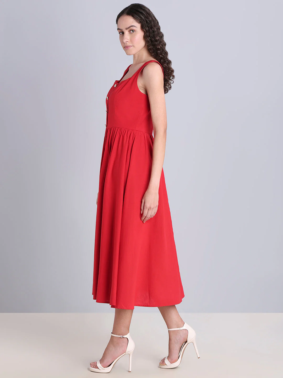 Red Button-Detail Midi Dress - Image 3