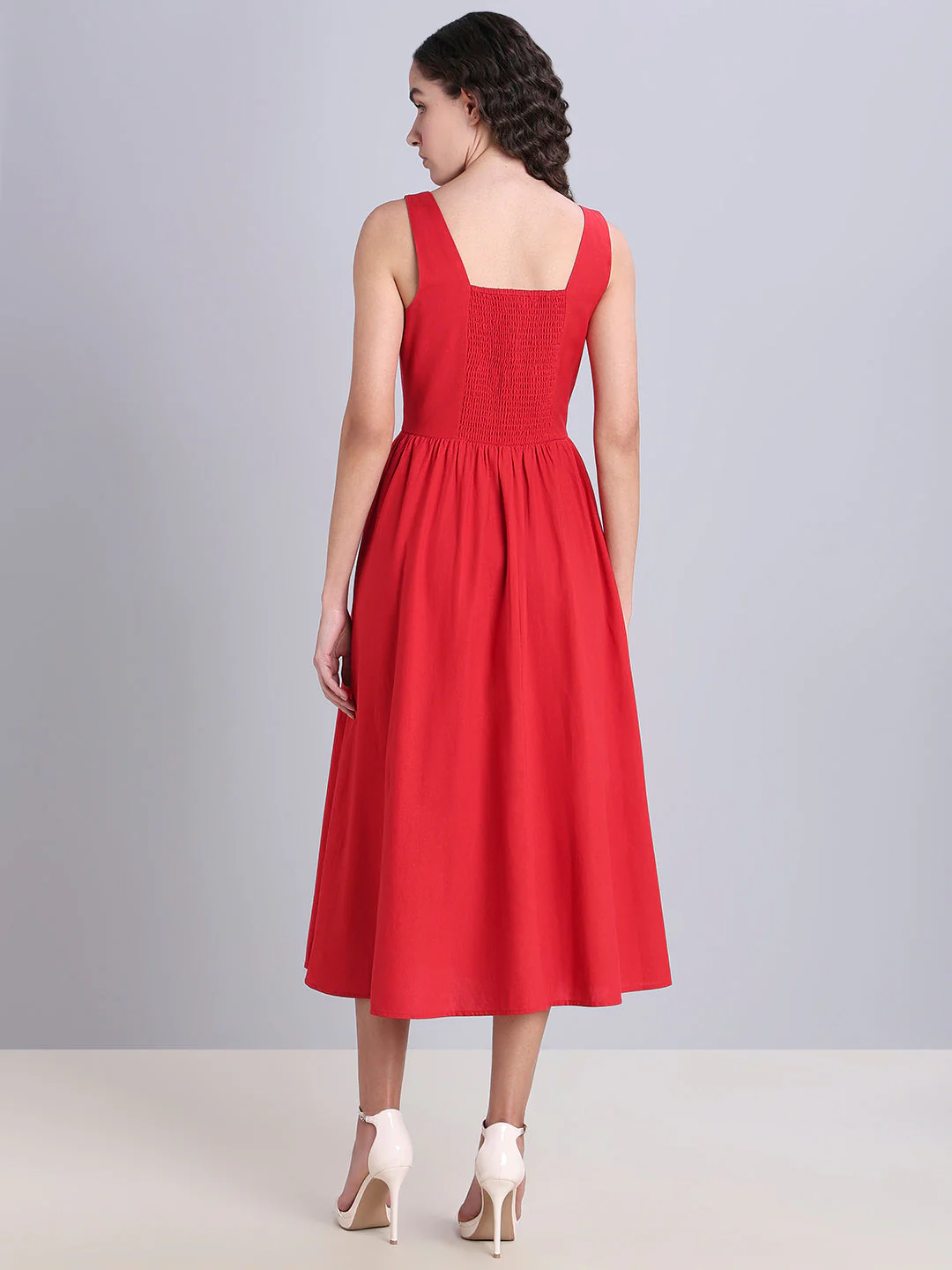 Red Button-Detail Midi Dress - Image 4