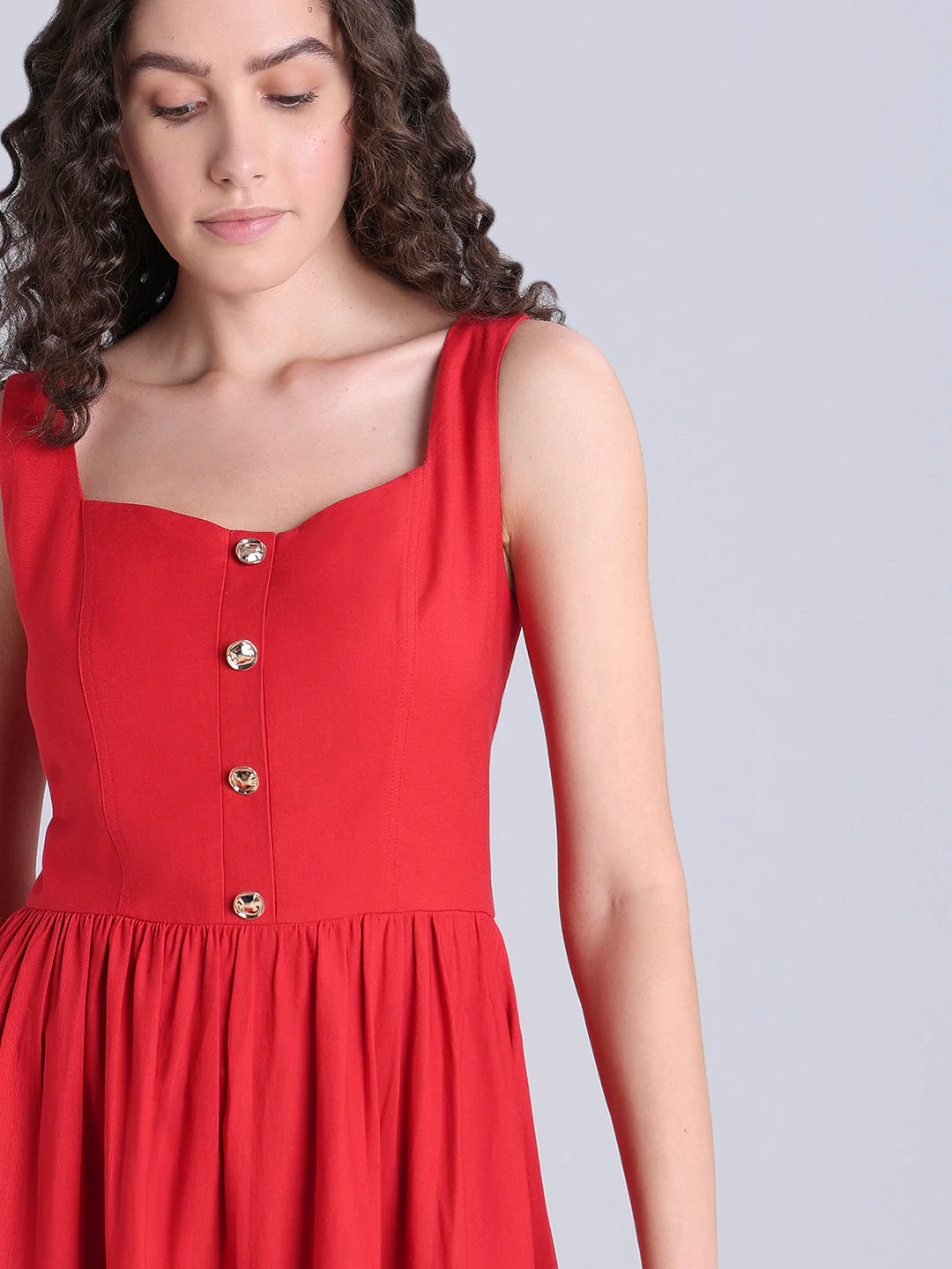 Red Button-Detail Midi Dress - Image 5
