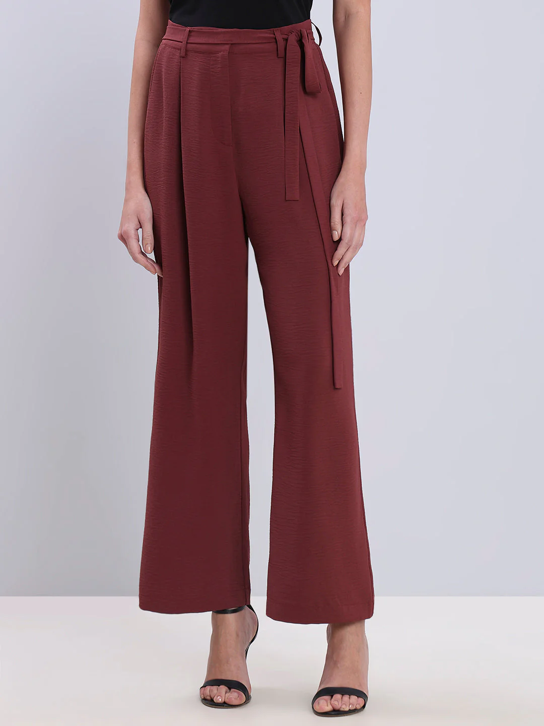 Burgundy Tie-Waist Relaxed Fit Pants - Image 2