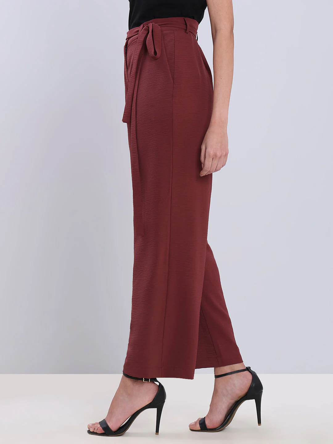 Burgundy Tie-Waist Relaxed Fit Pants - Image 3