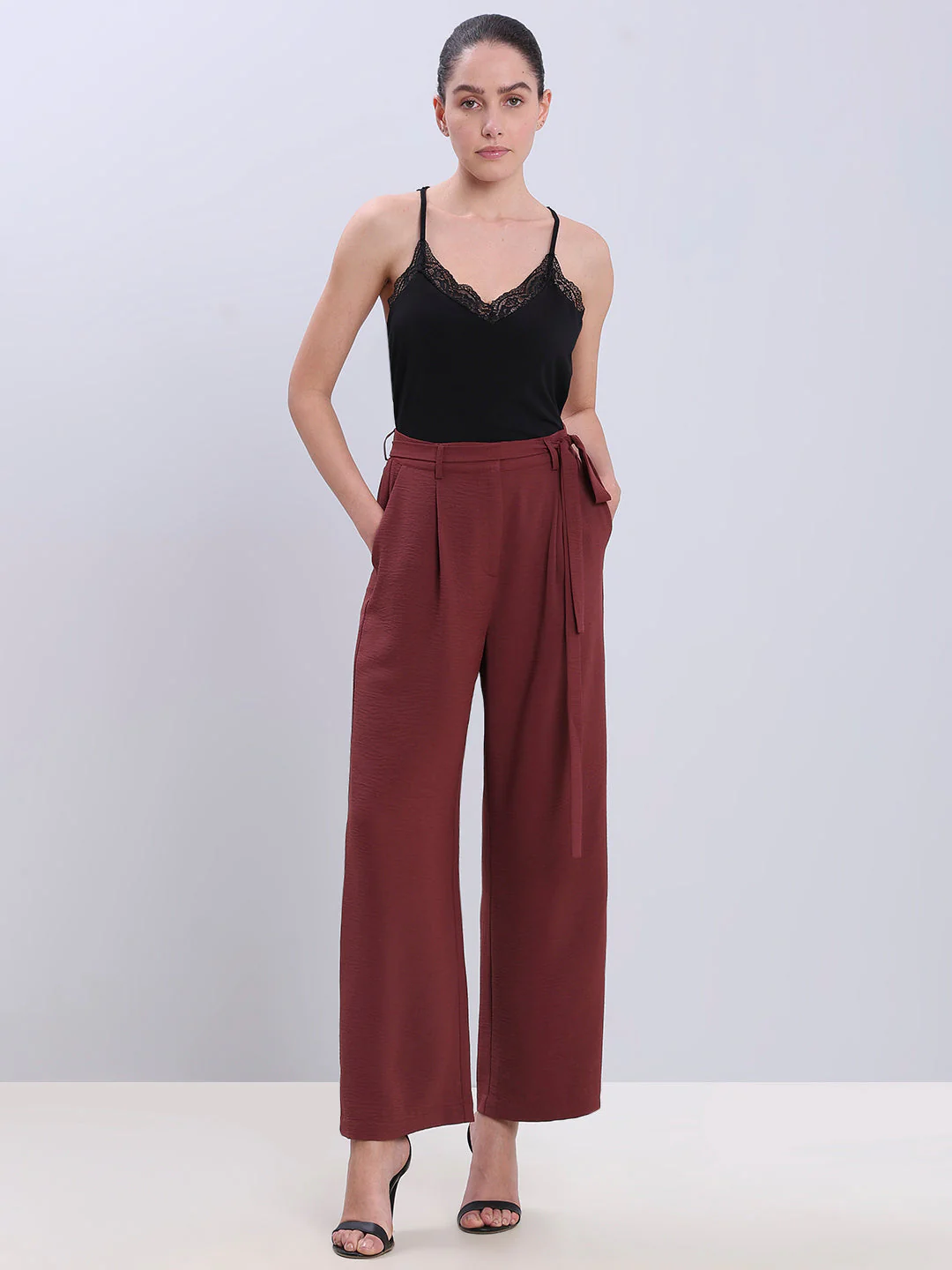 Burgundy Tie-Waist Relaxed Fit Pants - Image 5