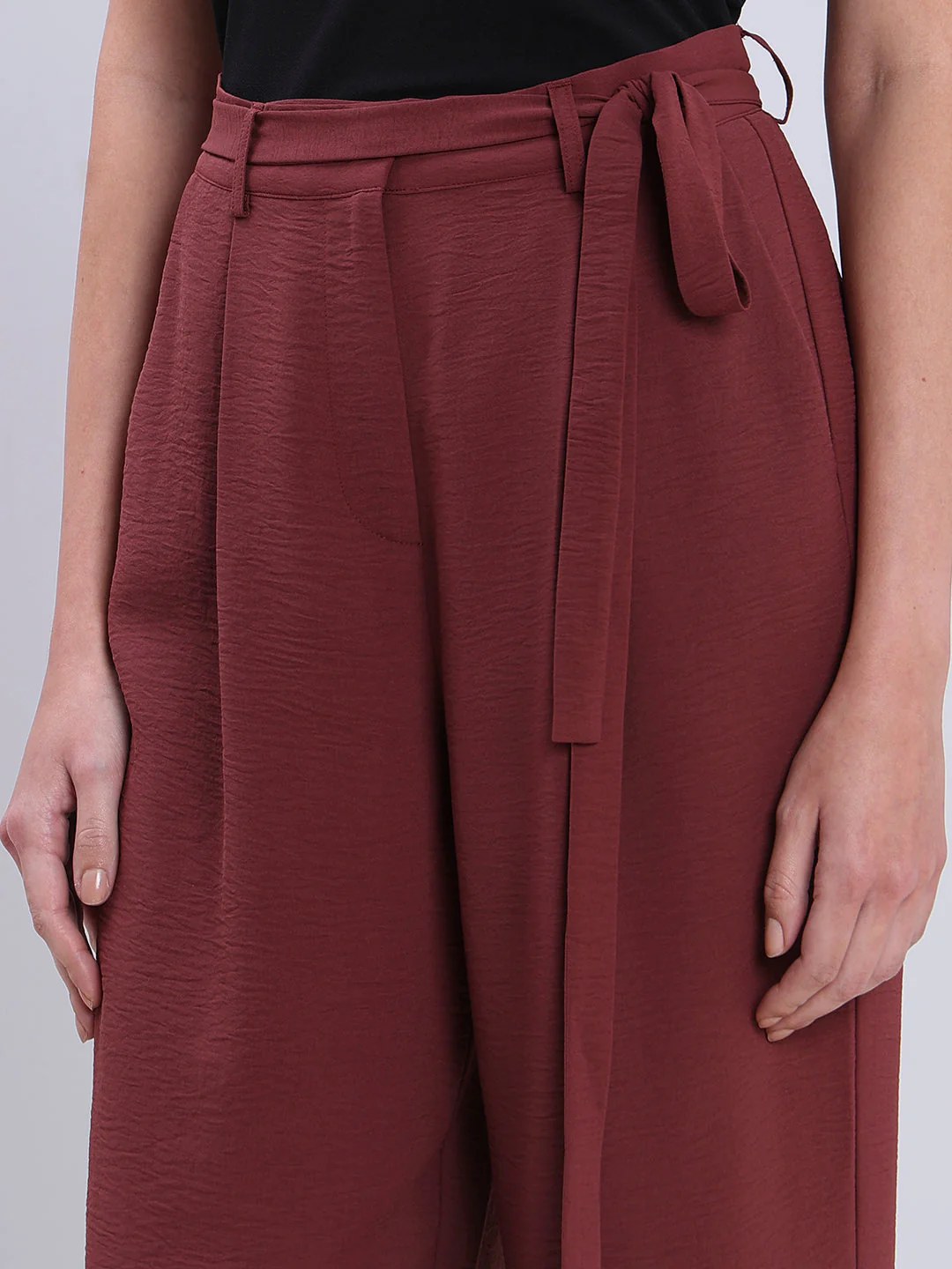 Burgundy Tie-Waist Relaxed Fit Pants - Image 8