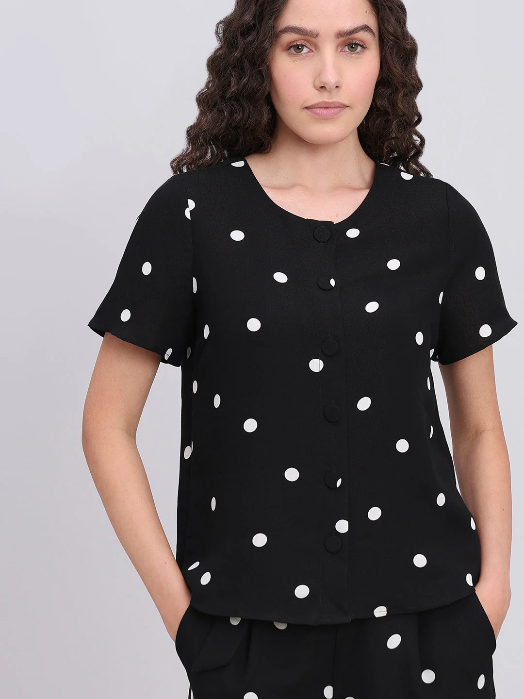 Black Polka Dot Button-Up Top - Image 6