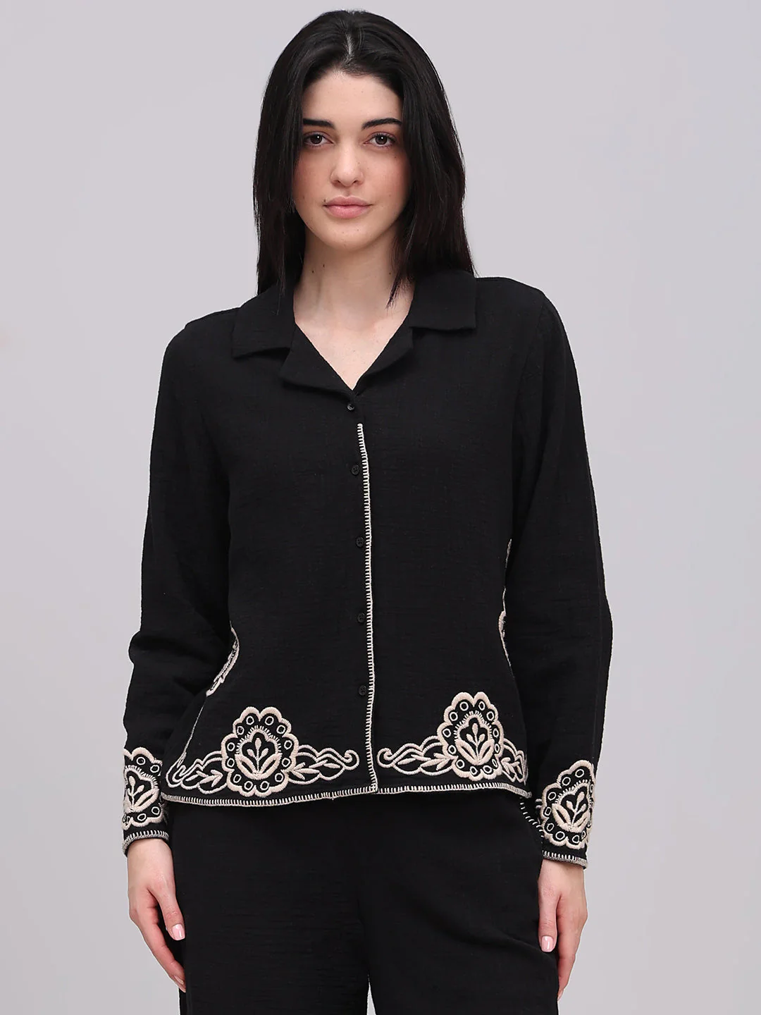 Black Contrast Embroidered Shirt - Image 2