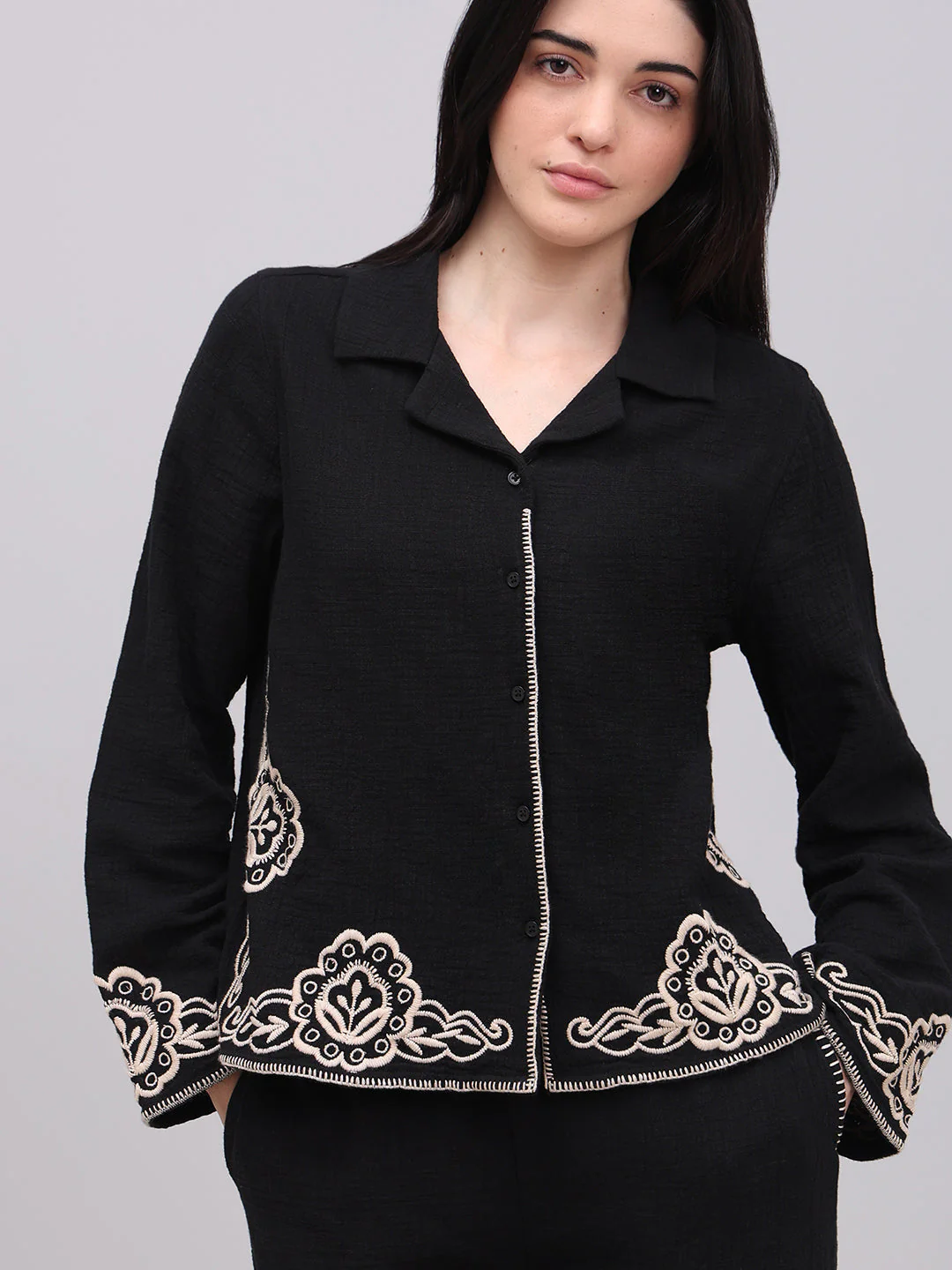 Black Contrast Embroidered Shirt - Image 6