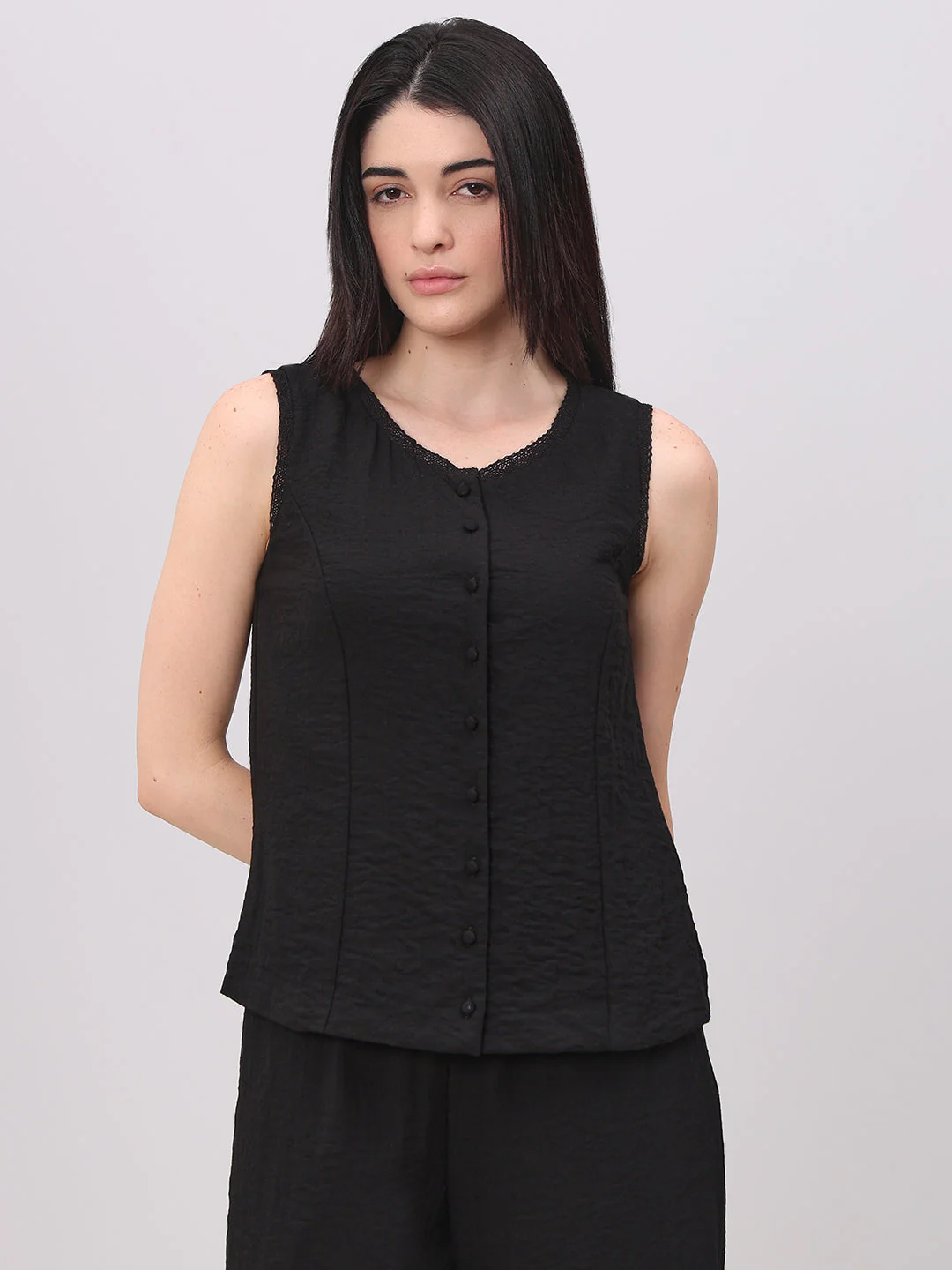 Black Quilted O-Neck Top - Image 2