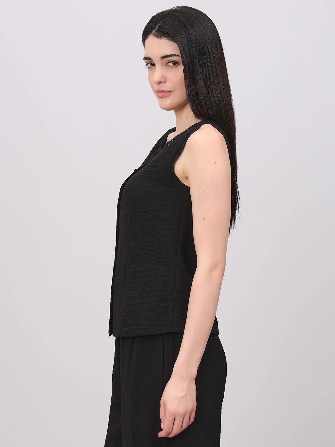Black Quilted O-Neck Top - Image 3