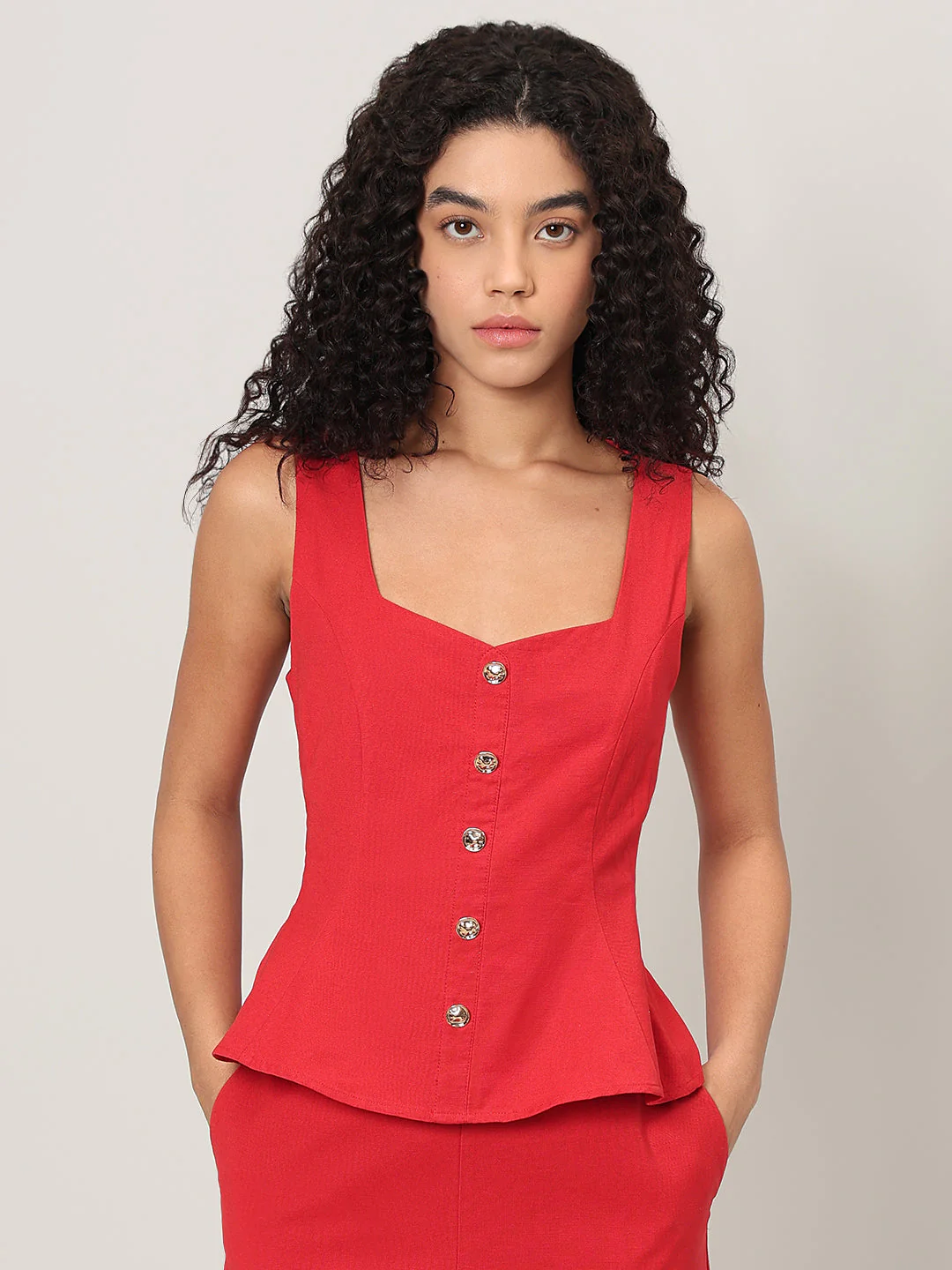 Red Button-Detail Sleeveless Top - Image 2