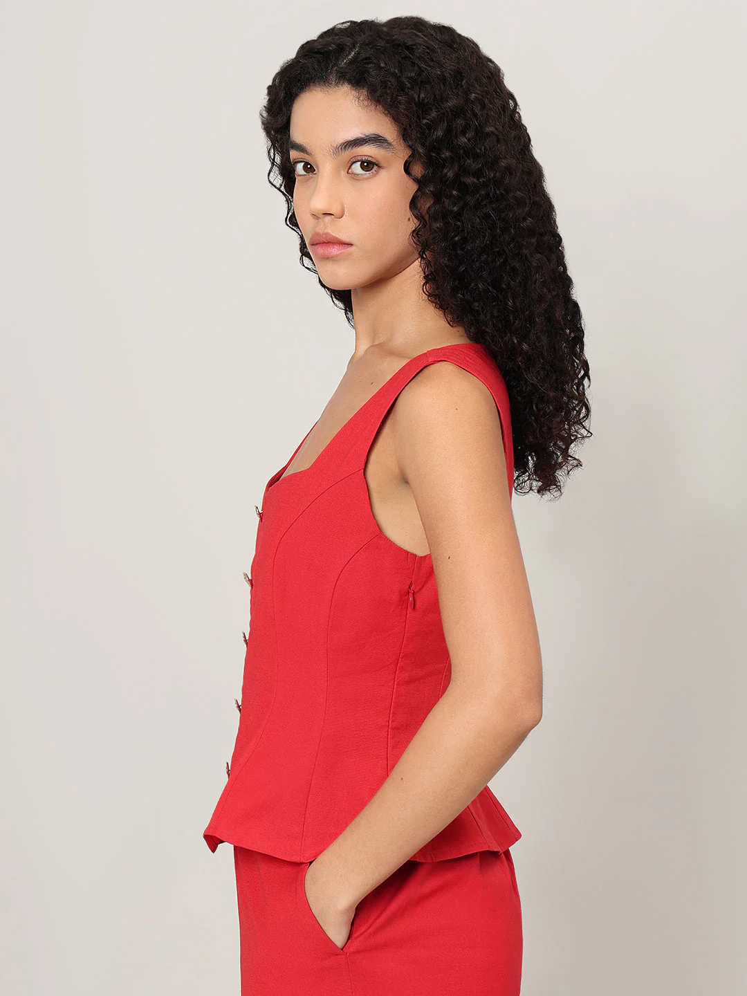Red Button-Detail Sleeveless Top - Image 3
