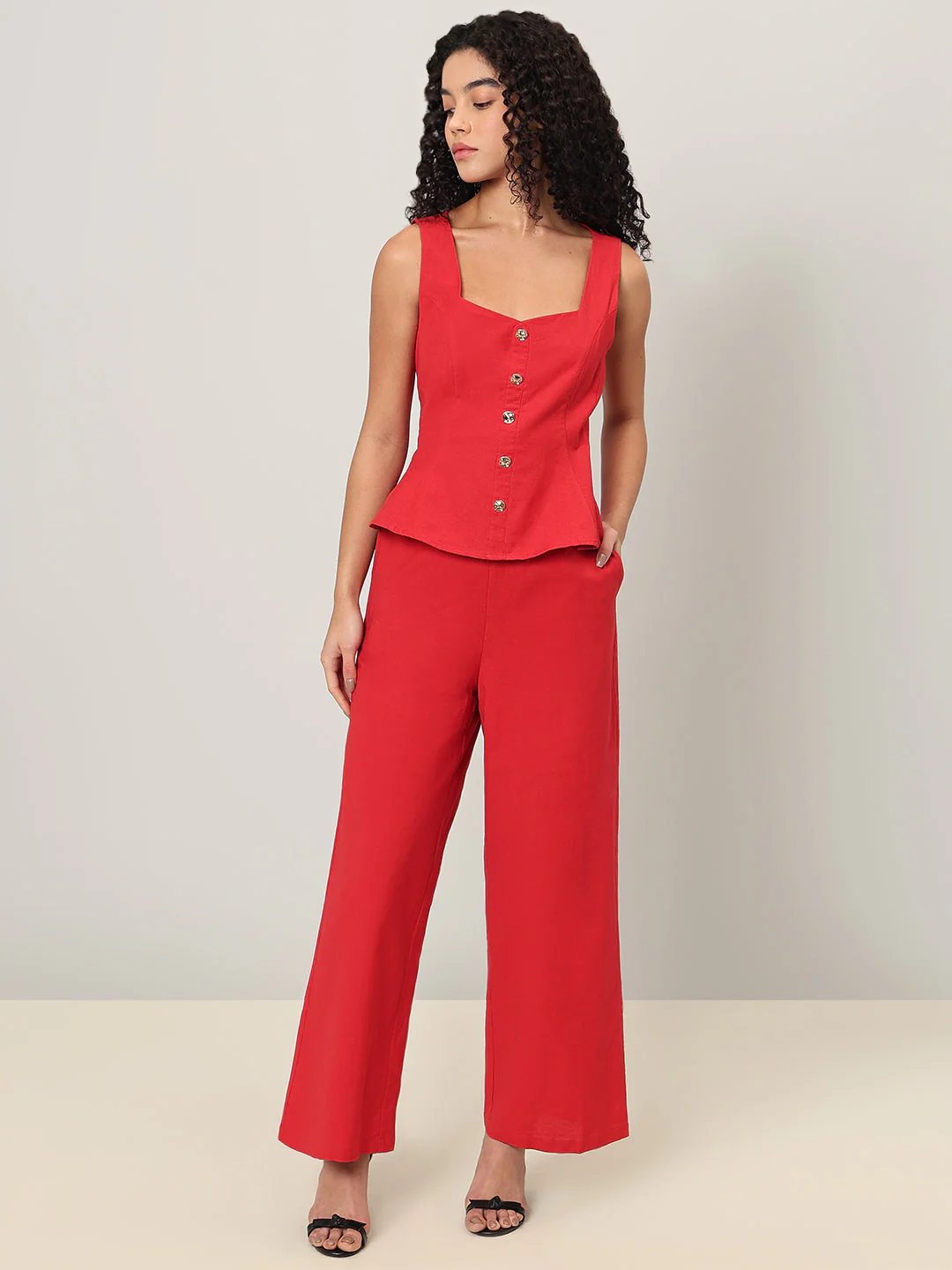 Red Button-Detail Sleeveless Top - Image 5