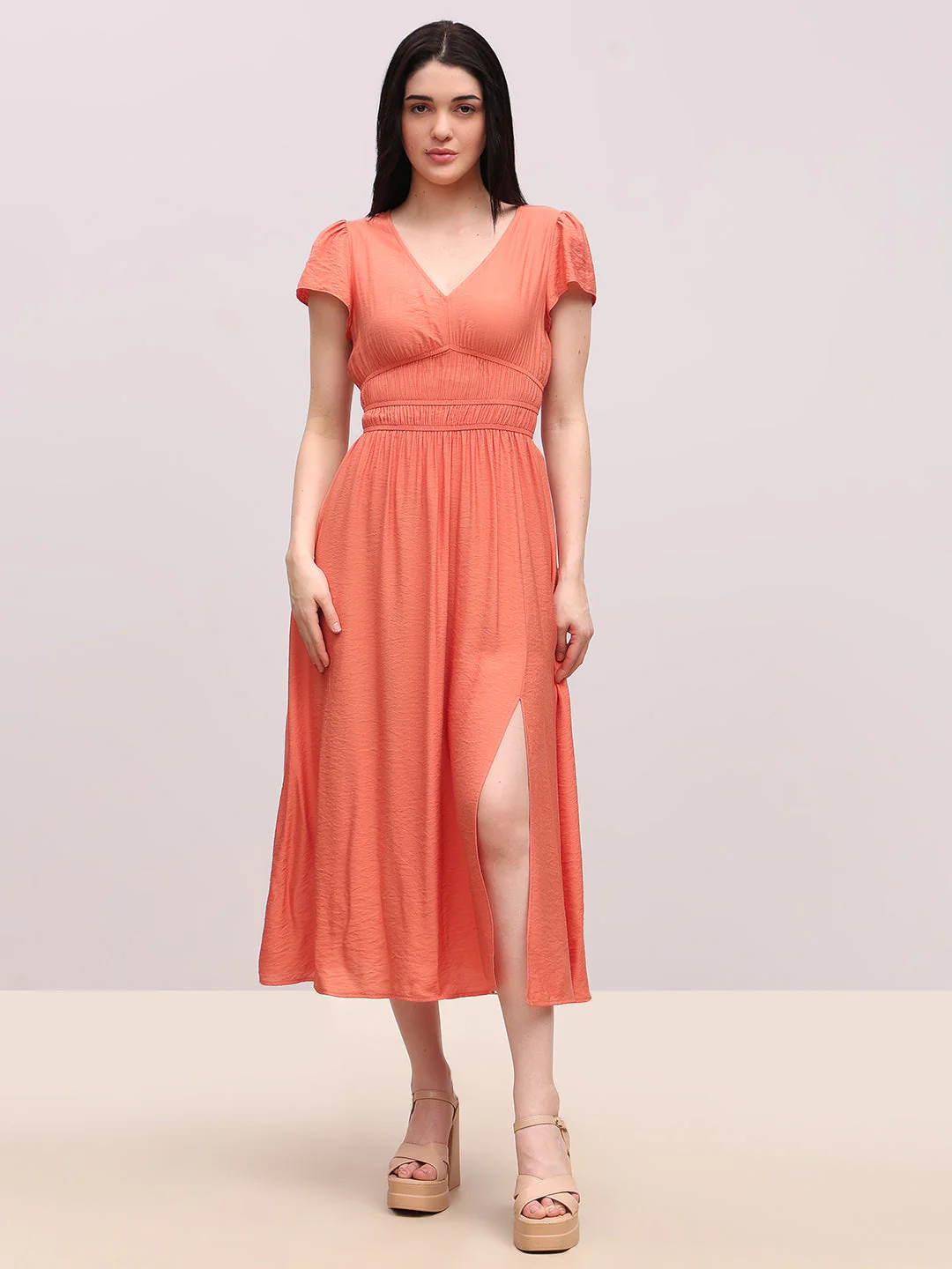 Coral V-Neck Midi Dress - Image 2
