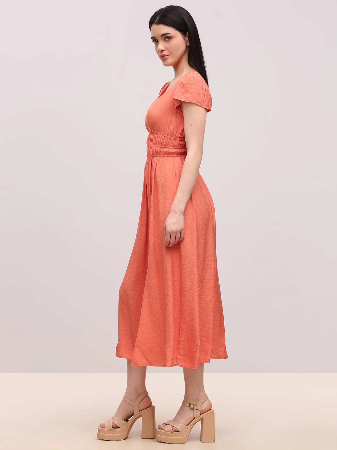 Coral V-Neck Midi Dress - Image 3