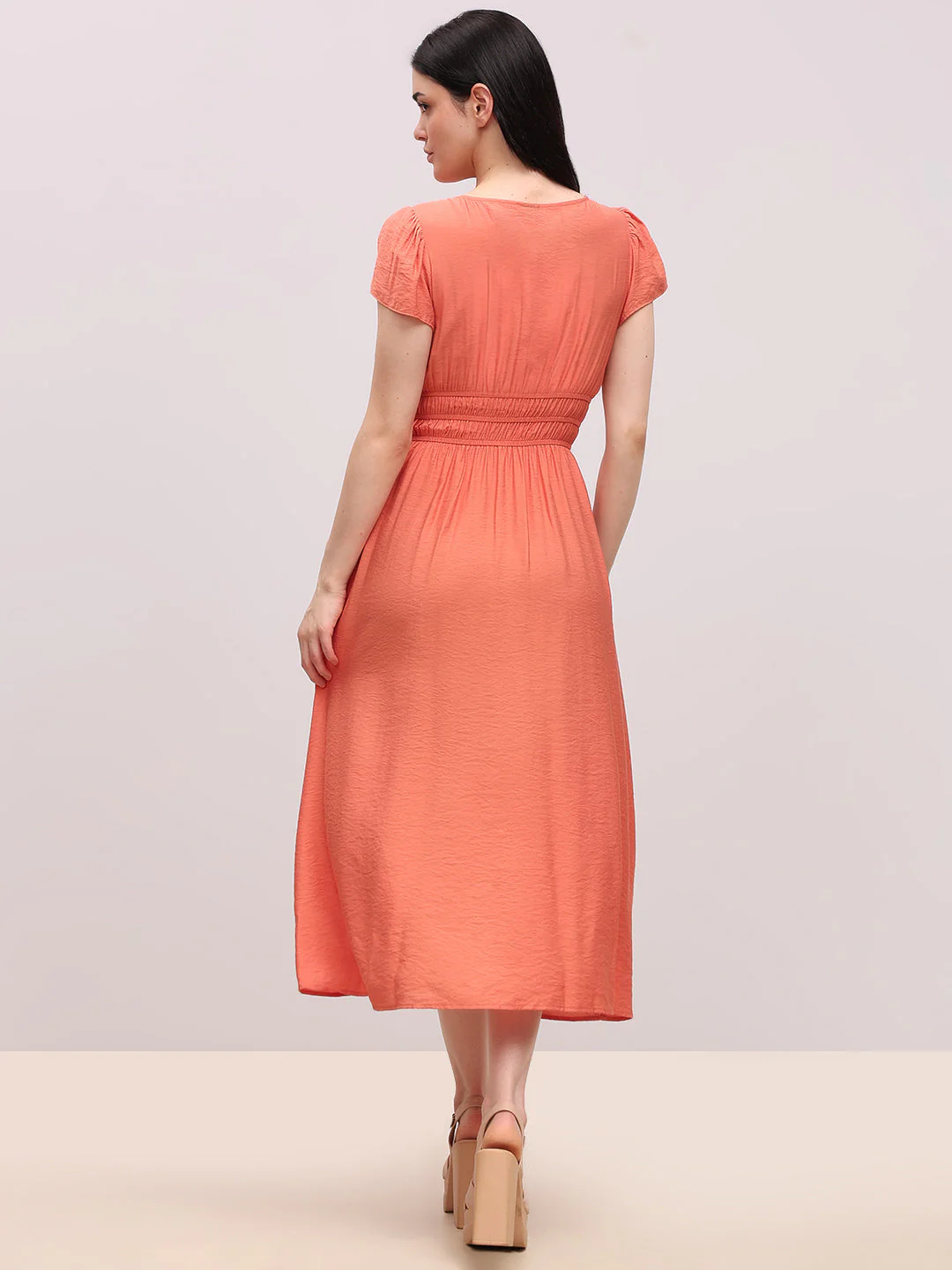 Coral V-Neck Midi Dress - Image 4