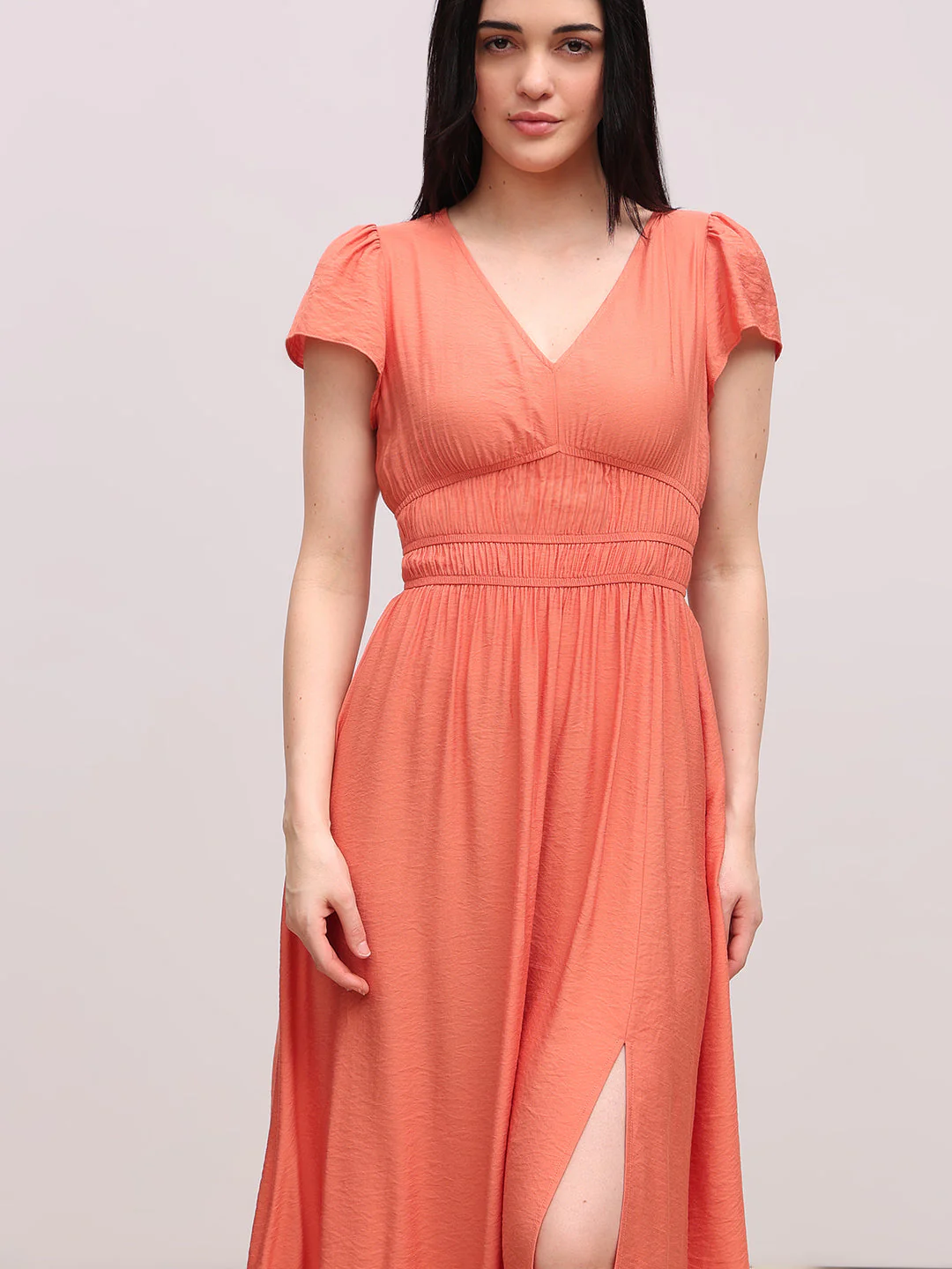 Coral V-Neck Midi Dress - Image 5