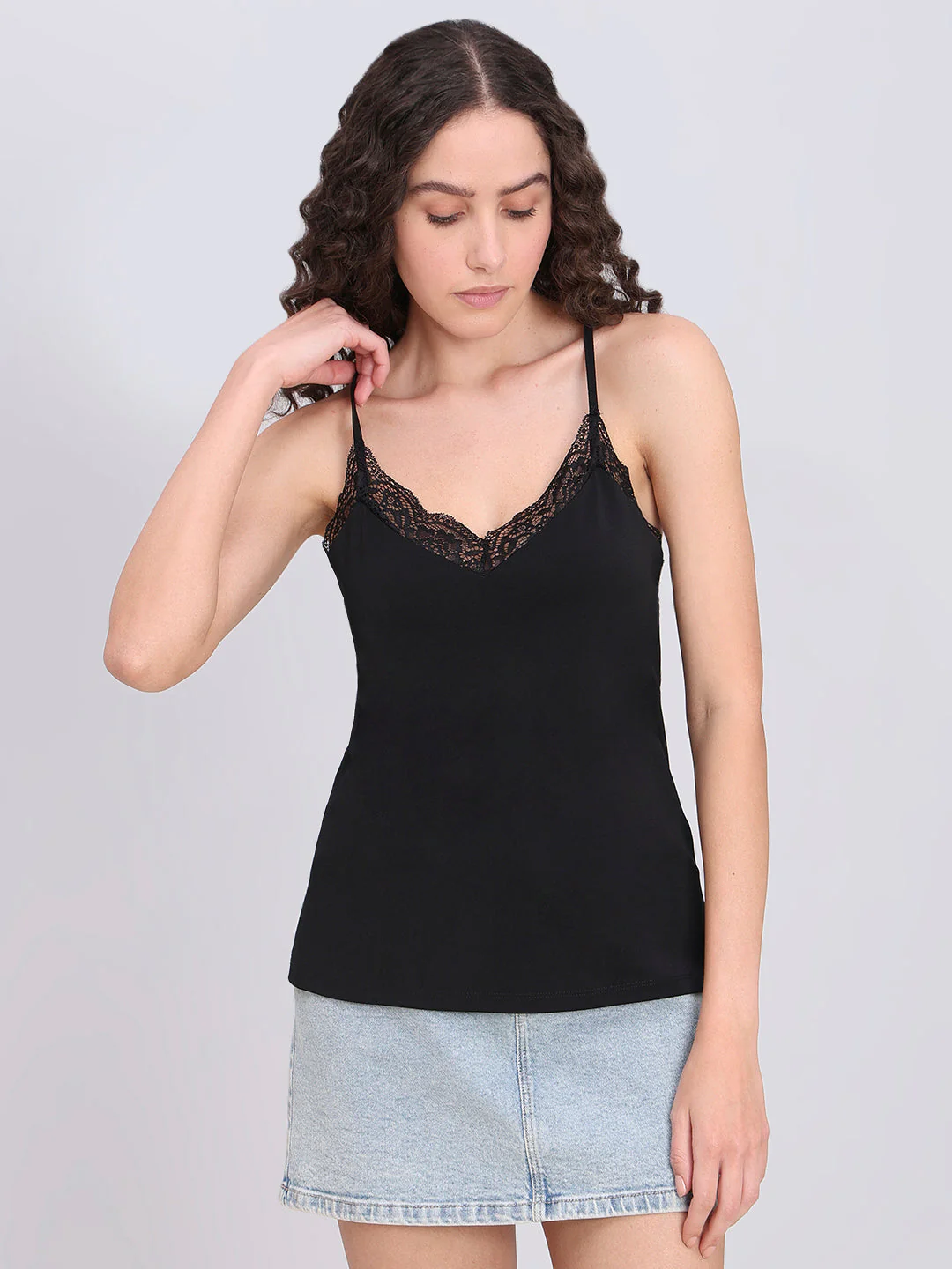 Black Lace Detail Cami Top - Image 2