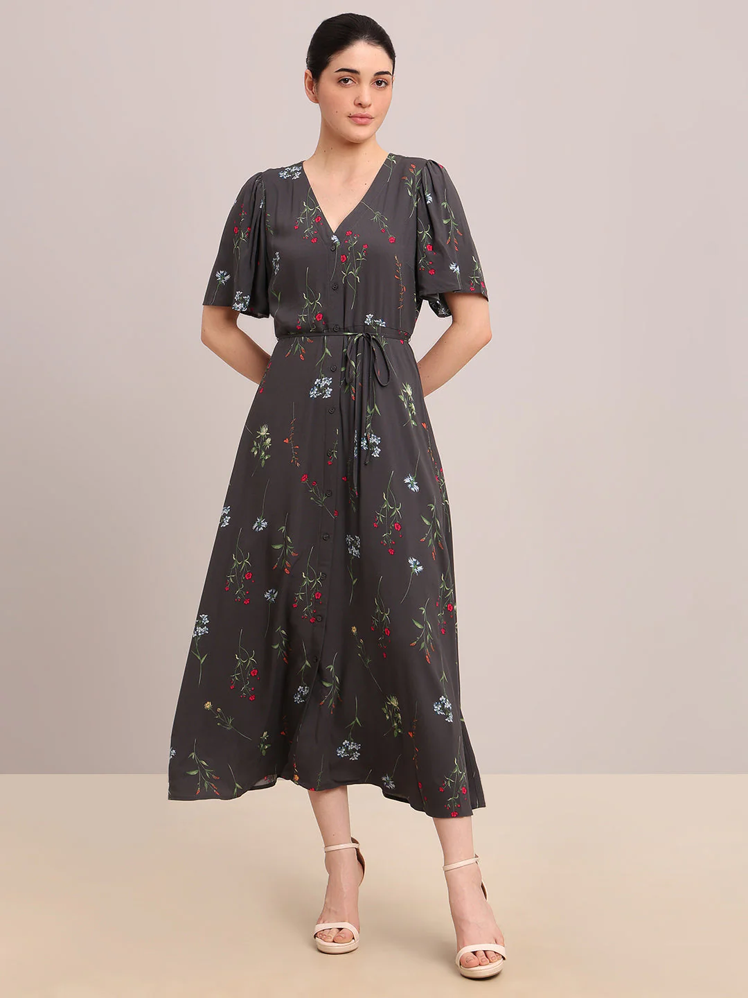 Grey Floral V-Neck Midi Dress - Image 2