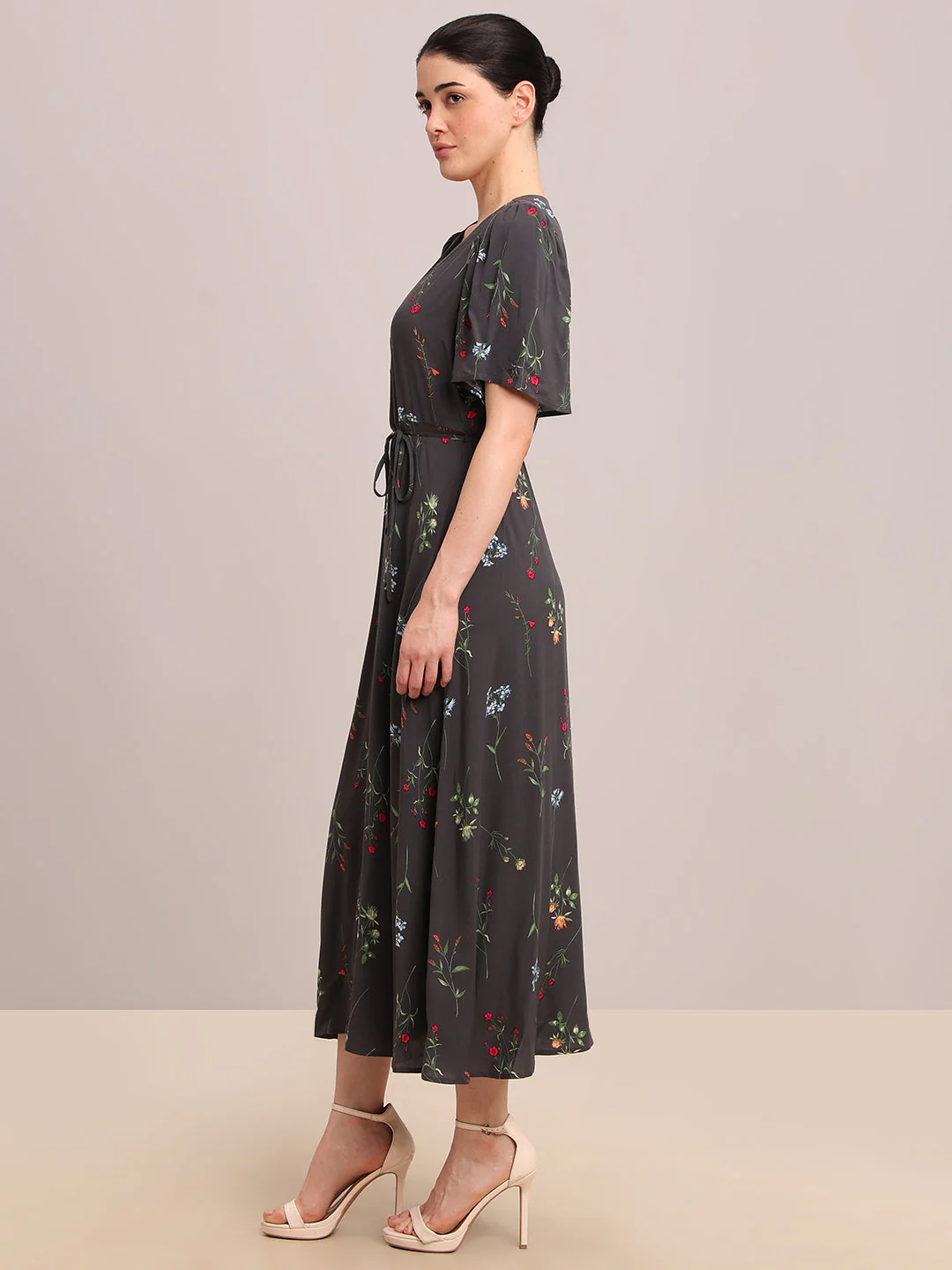 Grey Floral V-Neck Midi Dress - Image 3