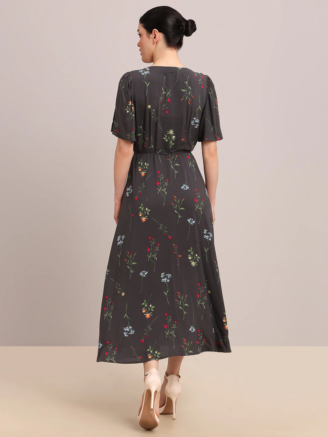 Grey Floral V-Neck Midi Dress - Image 4