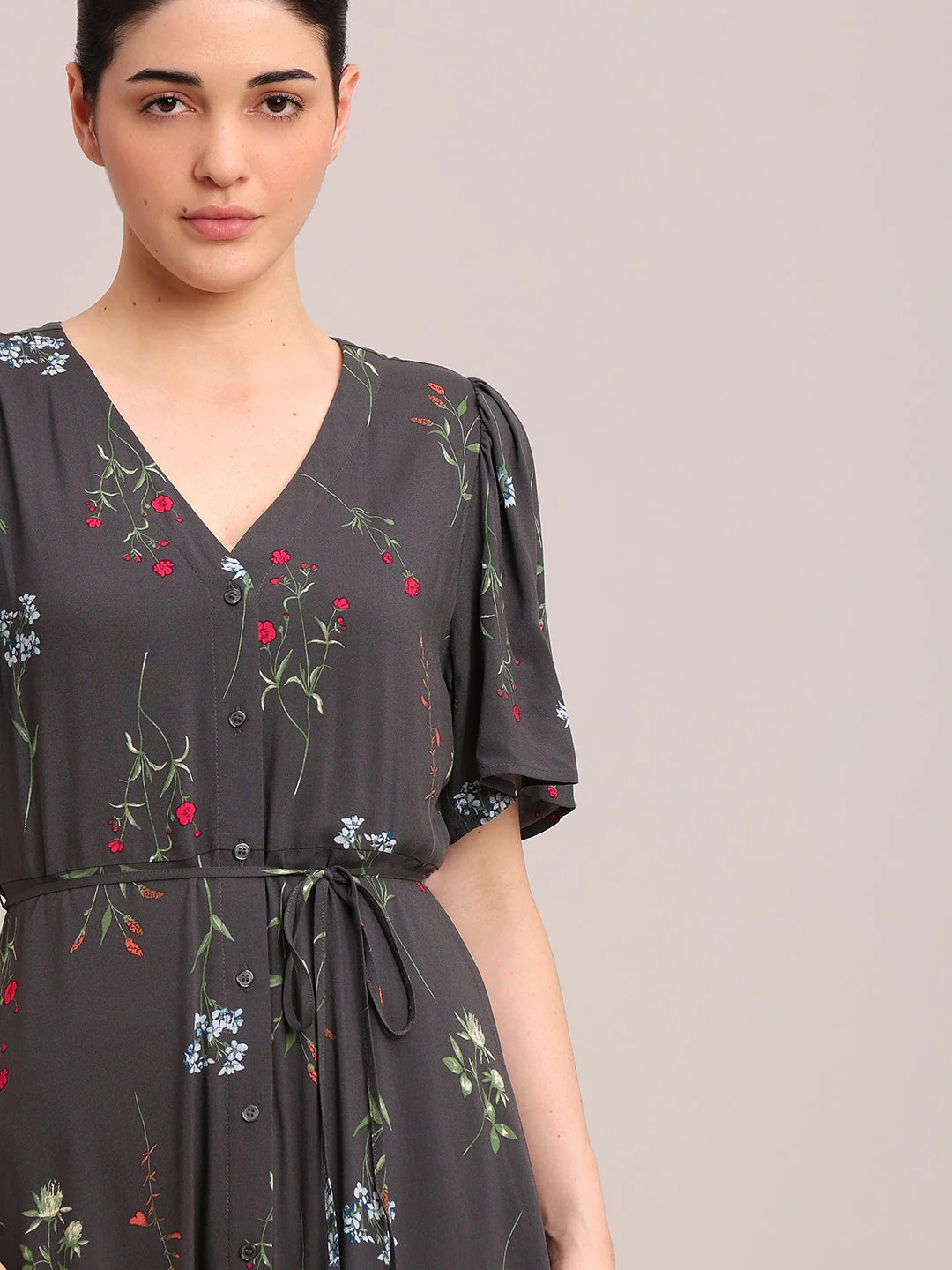 Grey Floral V-Neck Midi Dress - Image 5