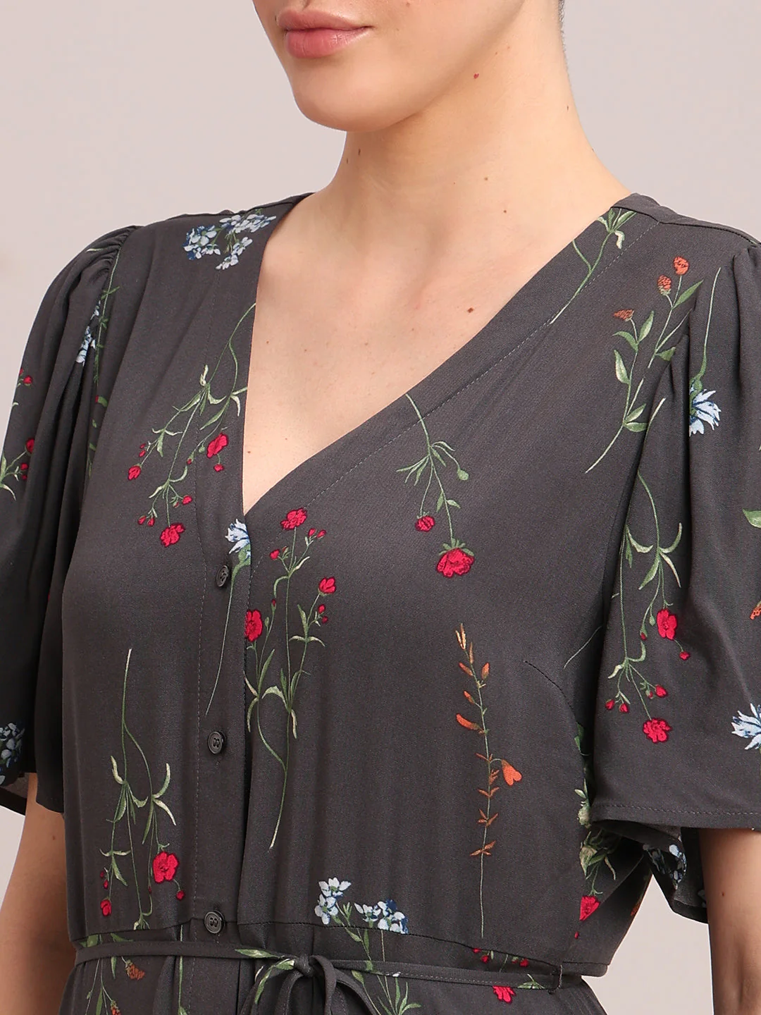 Grey Floral V-Neck Midi Dress - Image 6
