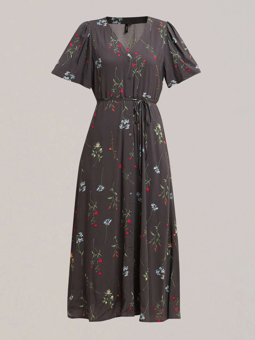 Grey Floral V-Neck Midi Dress - Image 7