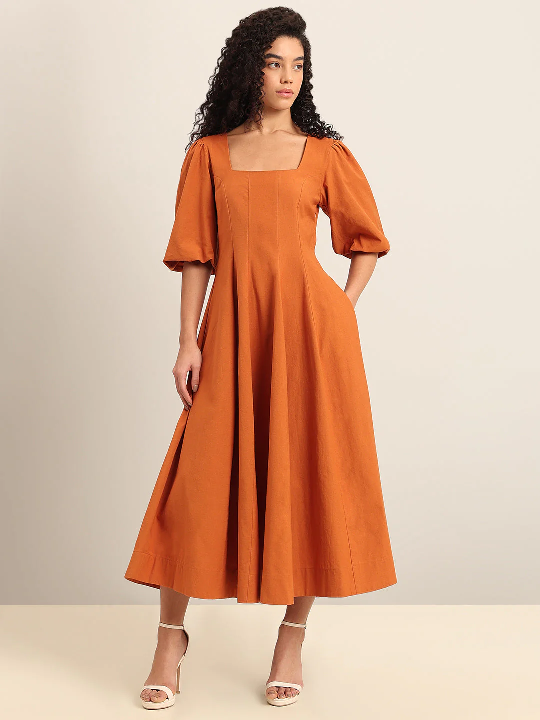Rust Square Neck Midi Dress - Image 2