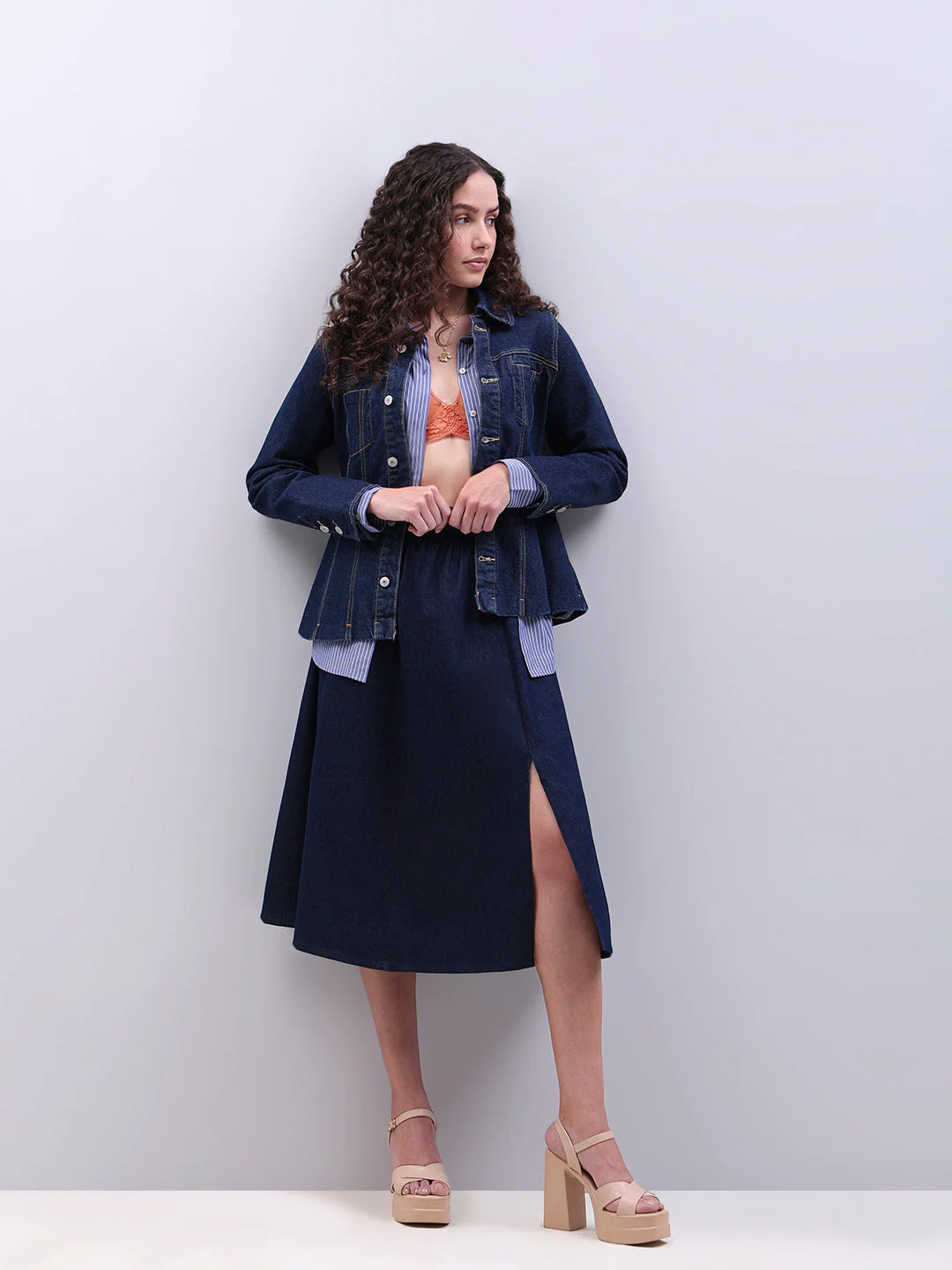 Dark Blue High Rise Denim Skirt