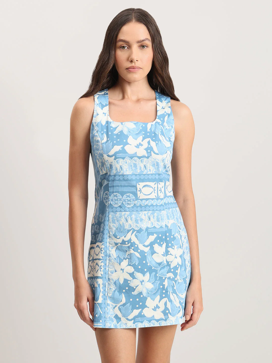 Light Blue Printed Sleeveless Dress - Image 2