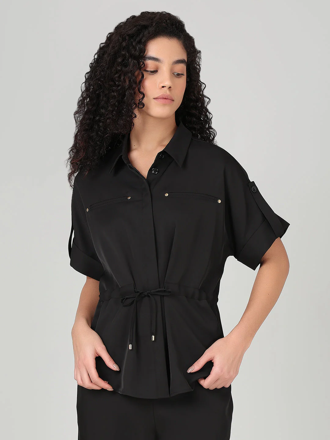 Black Drawstring Waist Shirt - Image 2