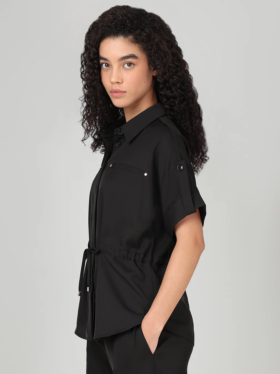 Black Drawstring Waist Shirt - Image 3