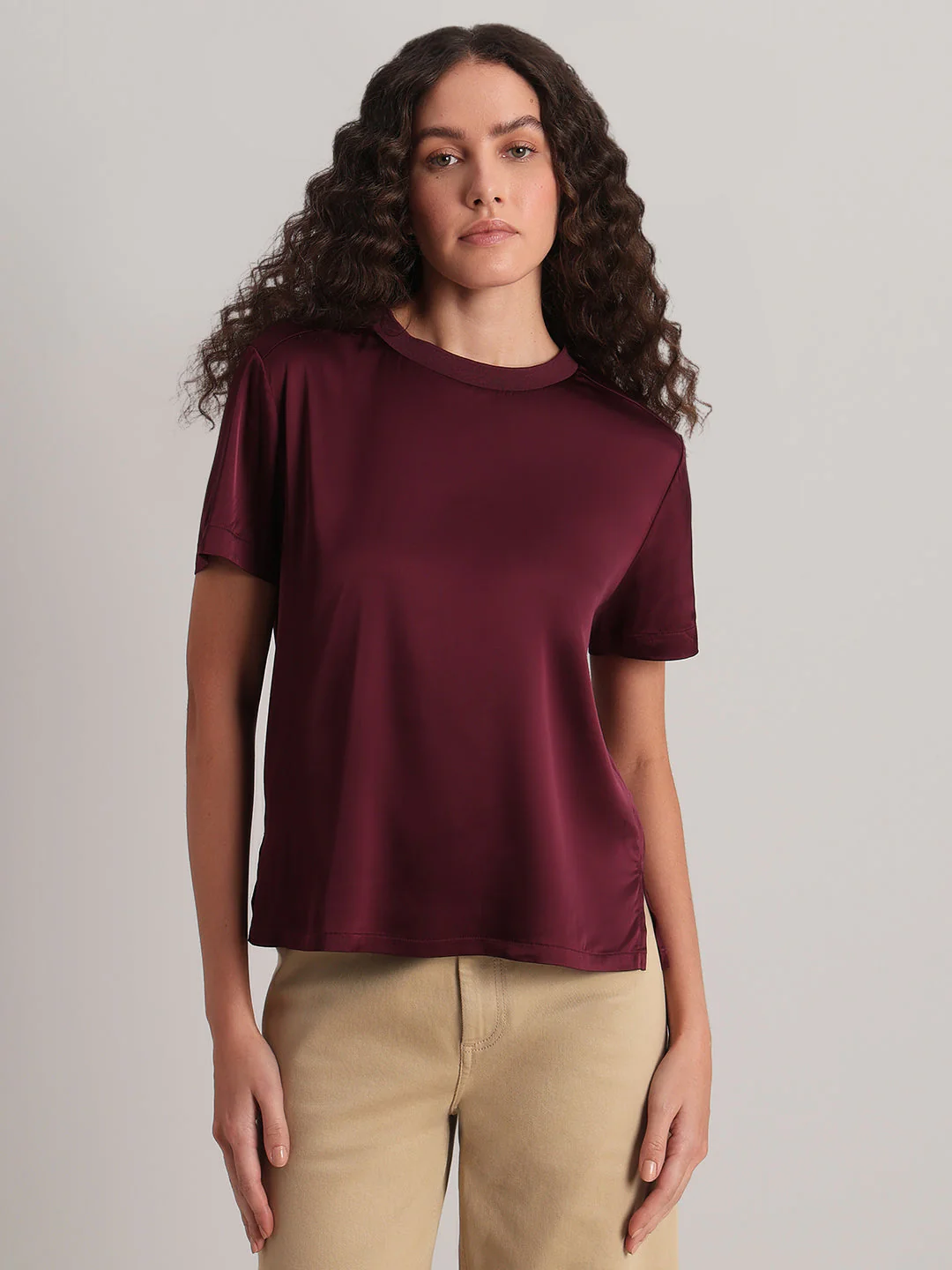 Burgundy Satin Crew-Neck Top - Image 2