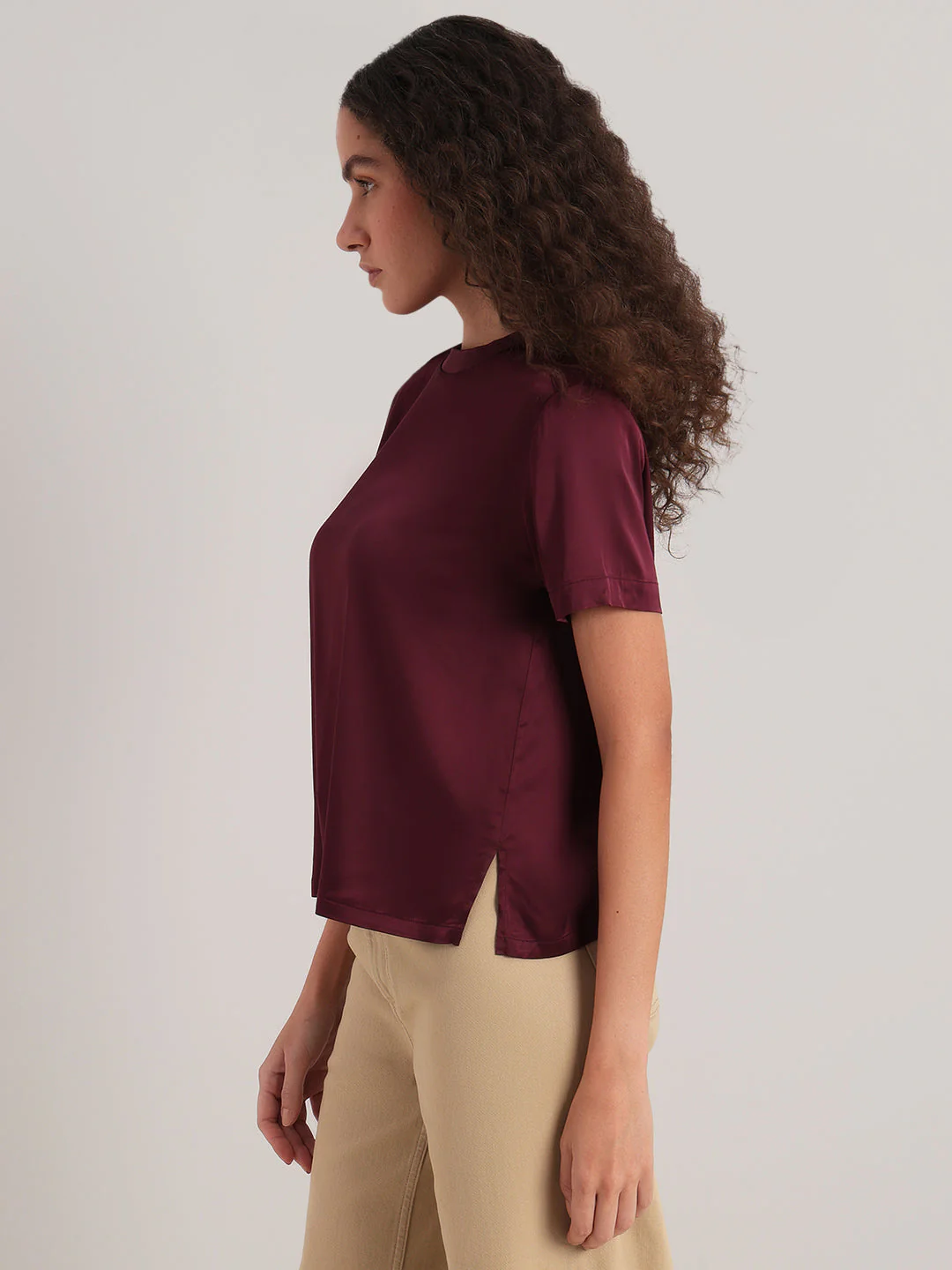 Burgundy Satin Crew-Neck Top - Image 3